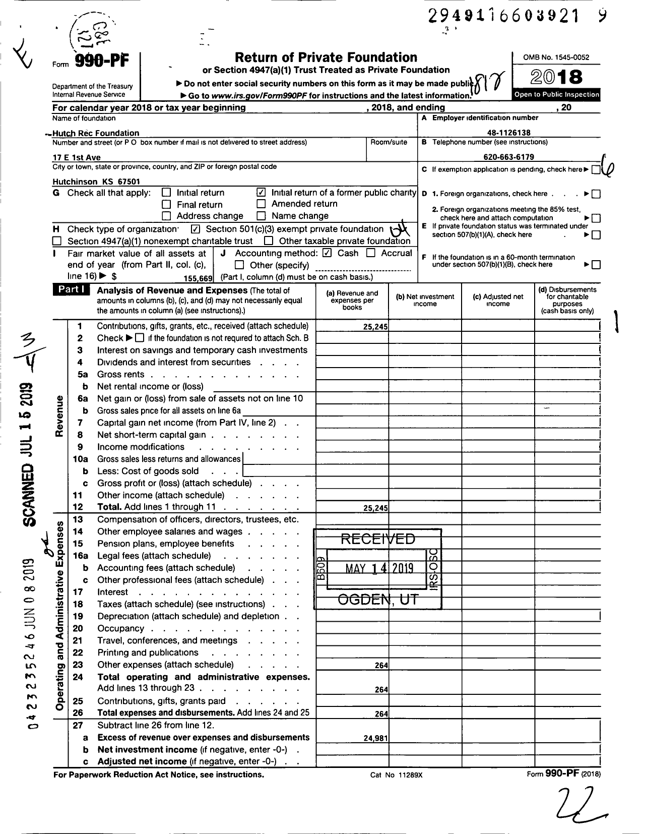 Image of first page of 2018 Form 990PF for Hutch Rec Foundation