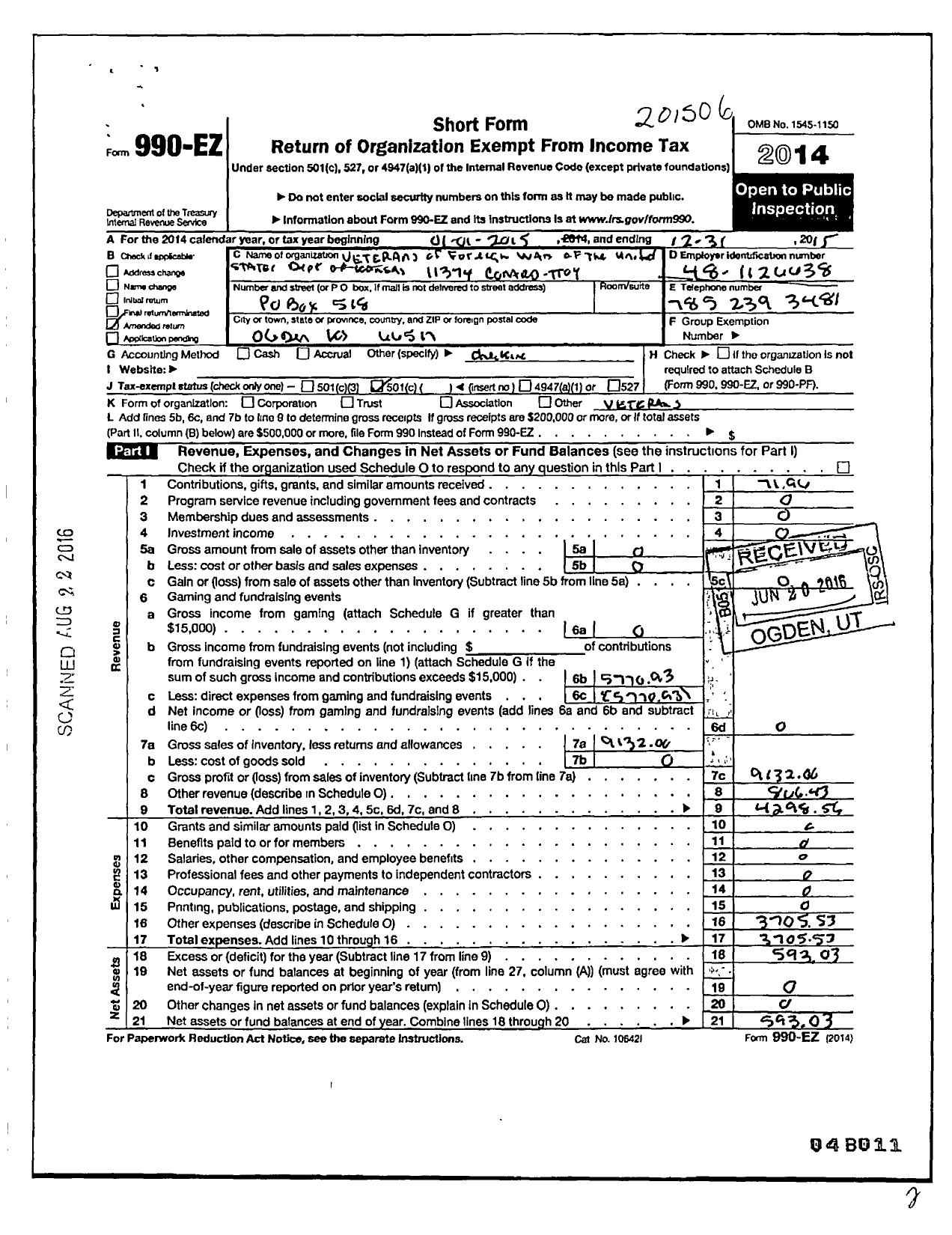 Image of first page of 2014 Form 990EO for Veterans of Foreign Wars of the United States Dept of Kansas - 11374 Conard-Troy