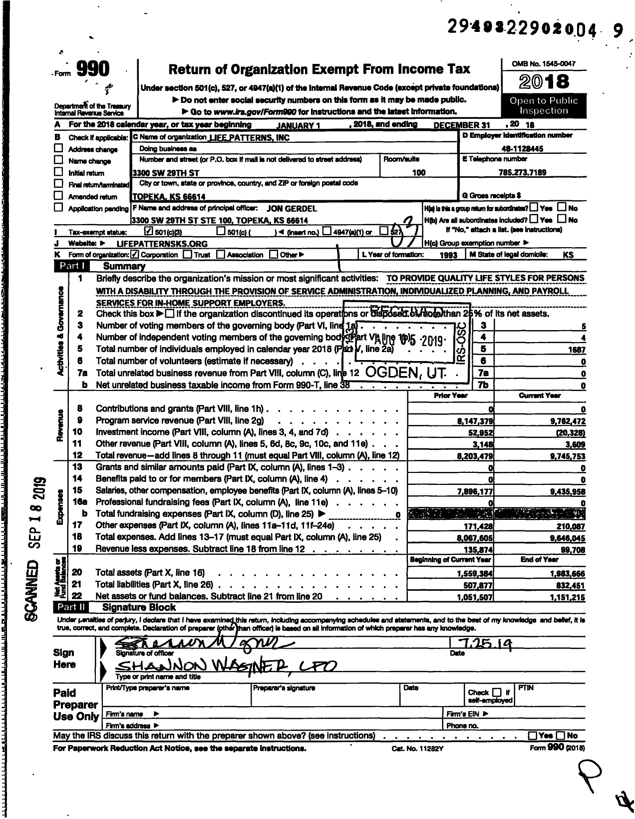 Image of first page of 2018 Form 990 for Life Patterns