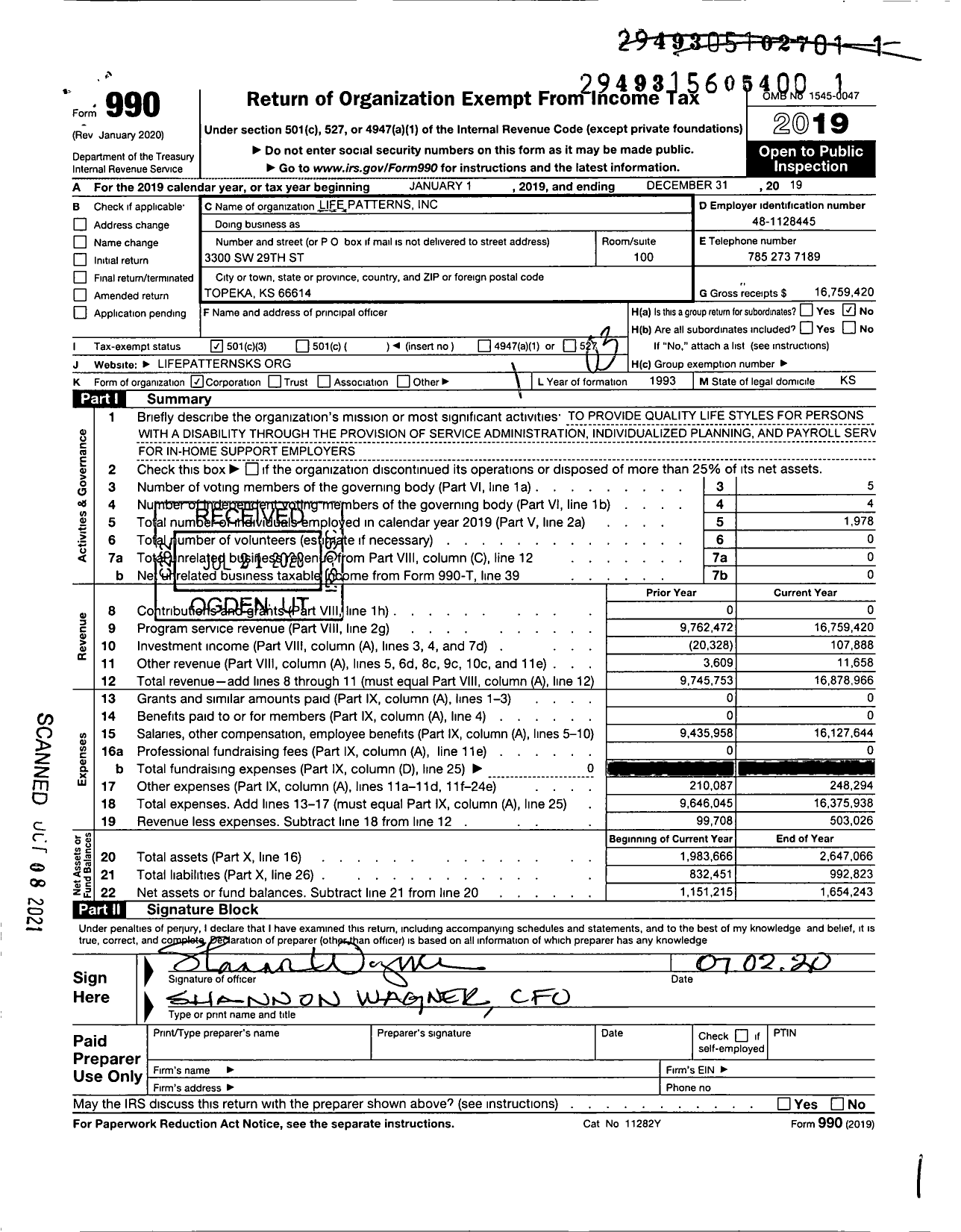 Image of first page of 2019 Form 990 for Life Patterns