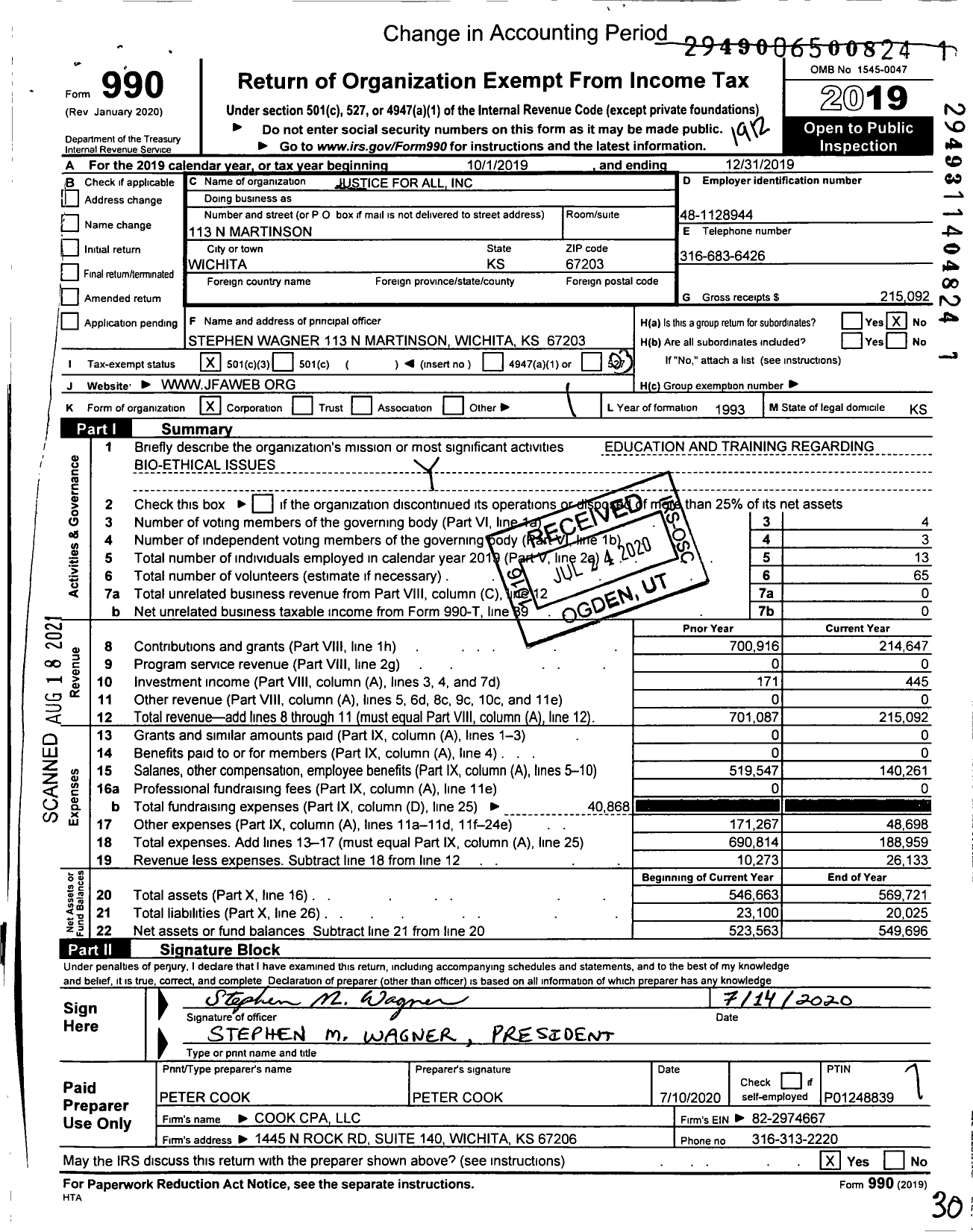 Image of first page of 2019 Form 990 for Justice for All