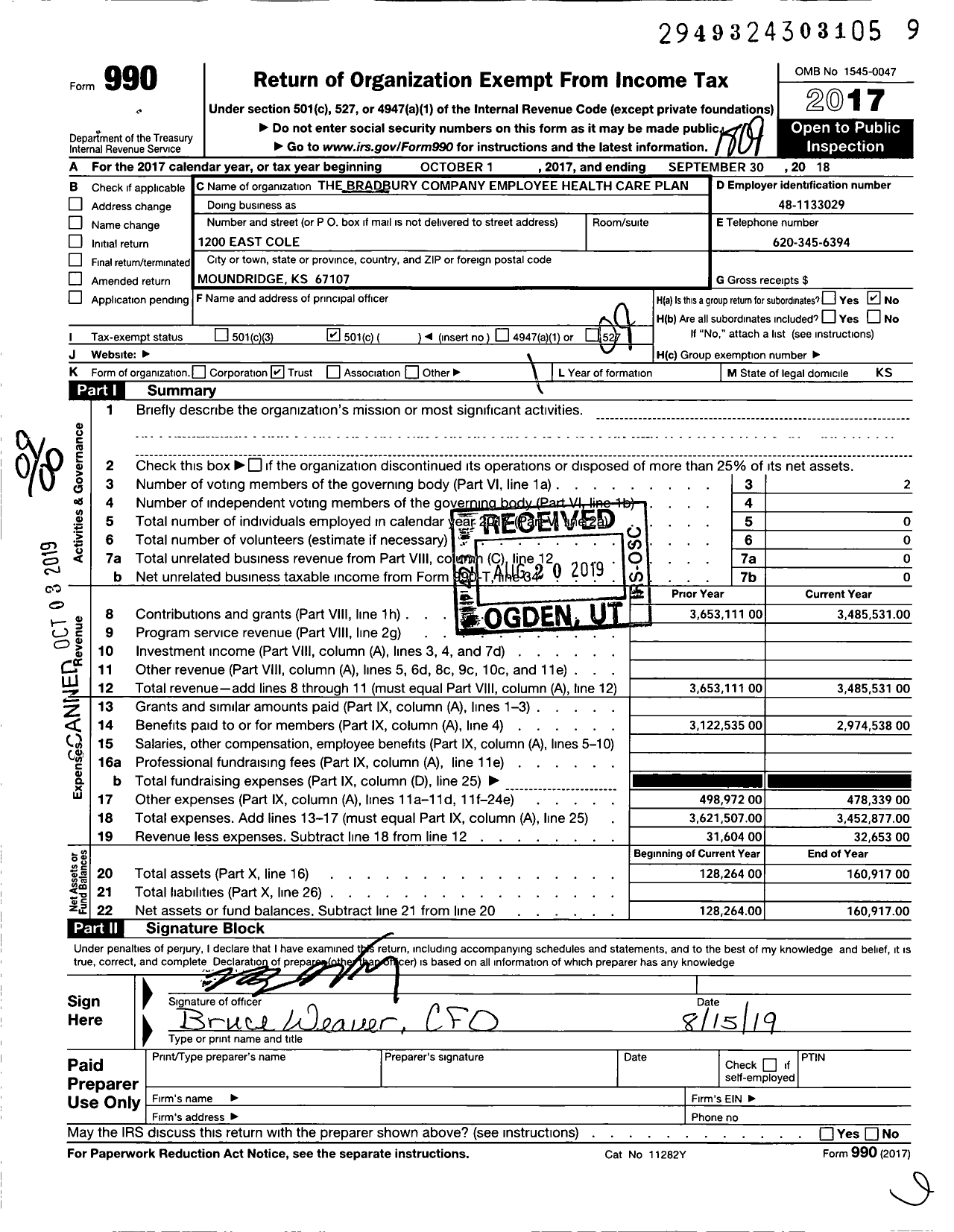Image of first page of 2017 Form 990O for Bradbury Company Employee Health Care Plan