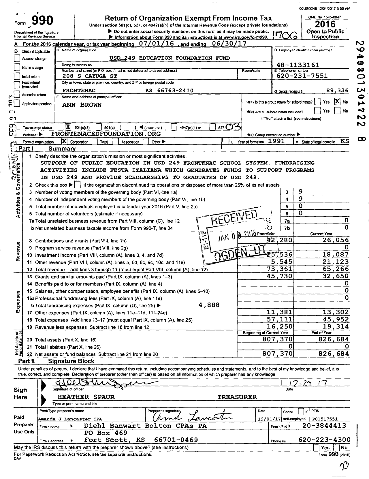 Image of first page of 2016 Form 990 for Usd 249 Education Foundation Fund