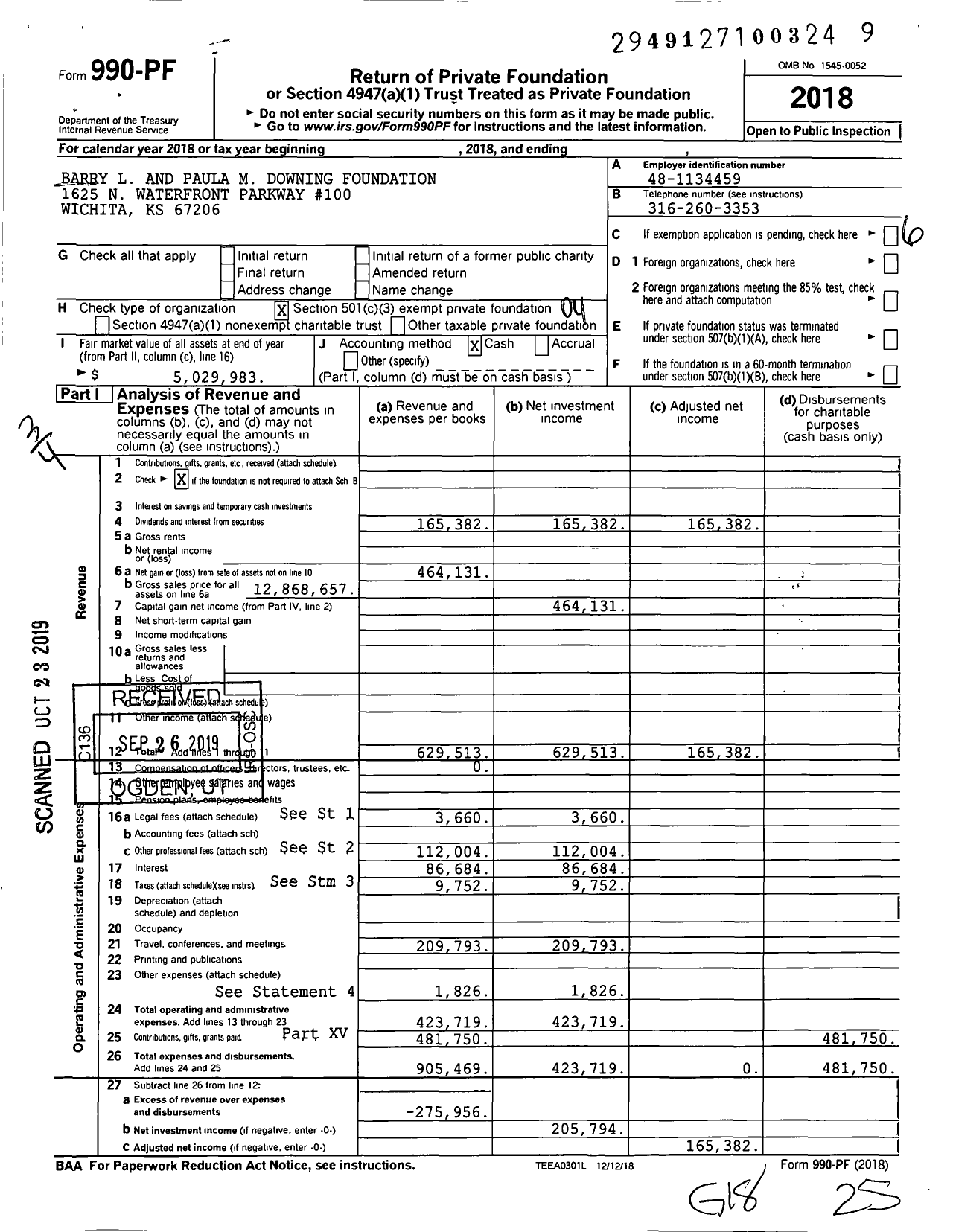 Image of first page of 2018 Form 990PF for Barry L and Paula M Downing Foundation