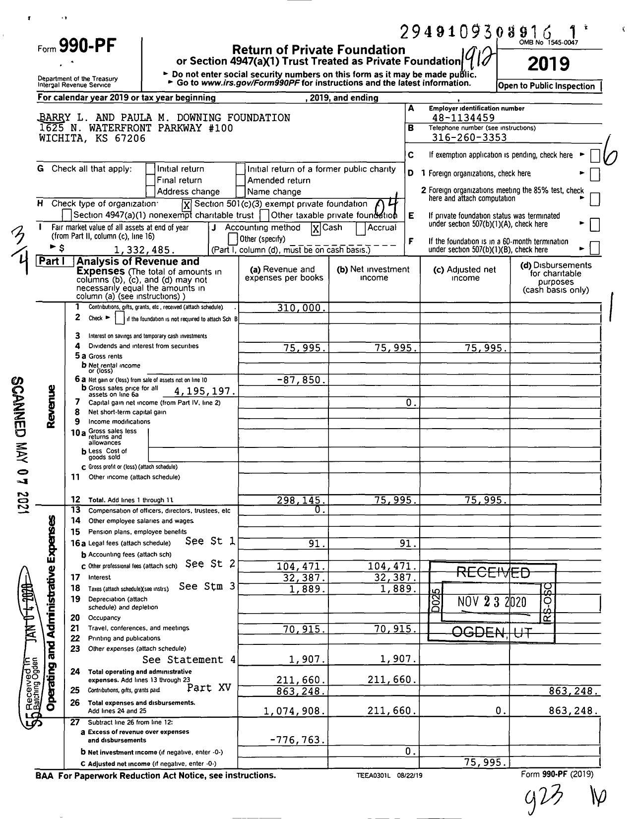 Image of first page of 2019 Form 990PF for Barry L and Paula M Downing Foundation