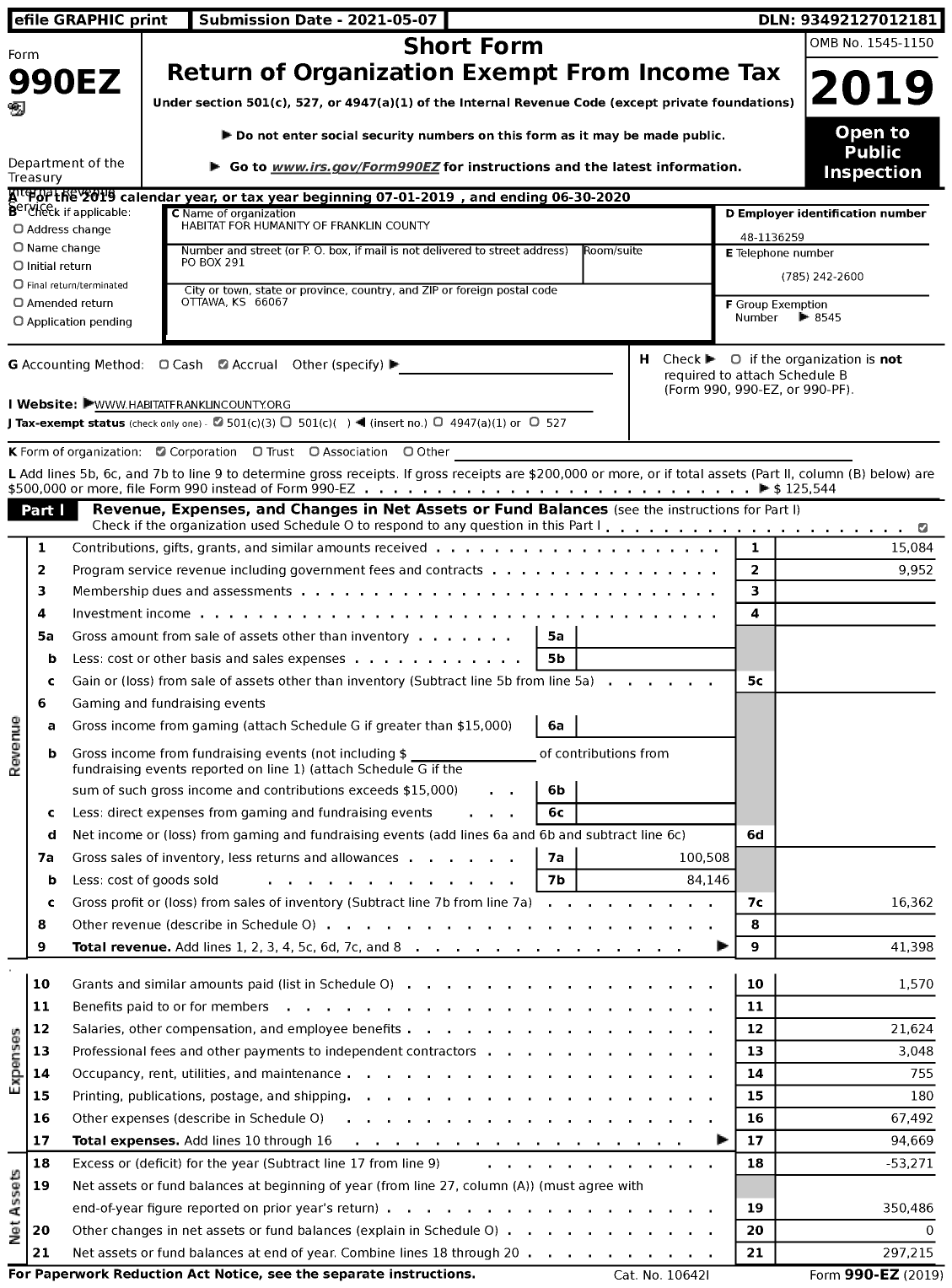Image of first page of 2019 Form 990EZ for Habitat for Humanity - Franklin County
