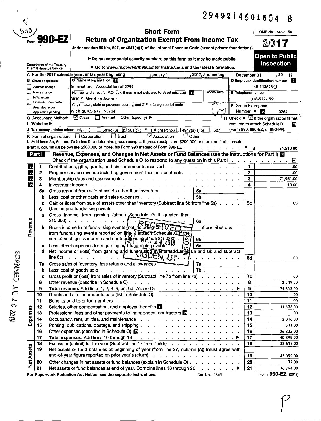 Image of first page of 2017 Form 990EO for International Association of Machinists and Aerospace Workers - 2799 Local