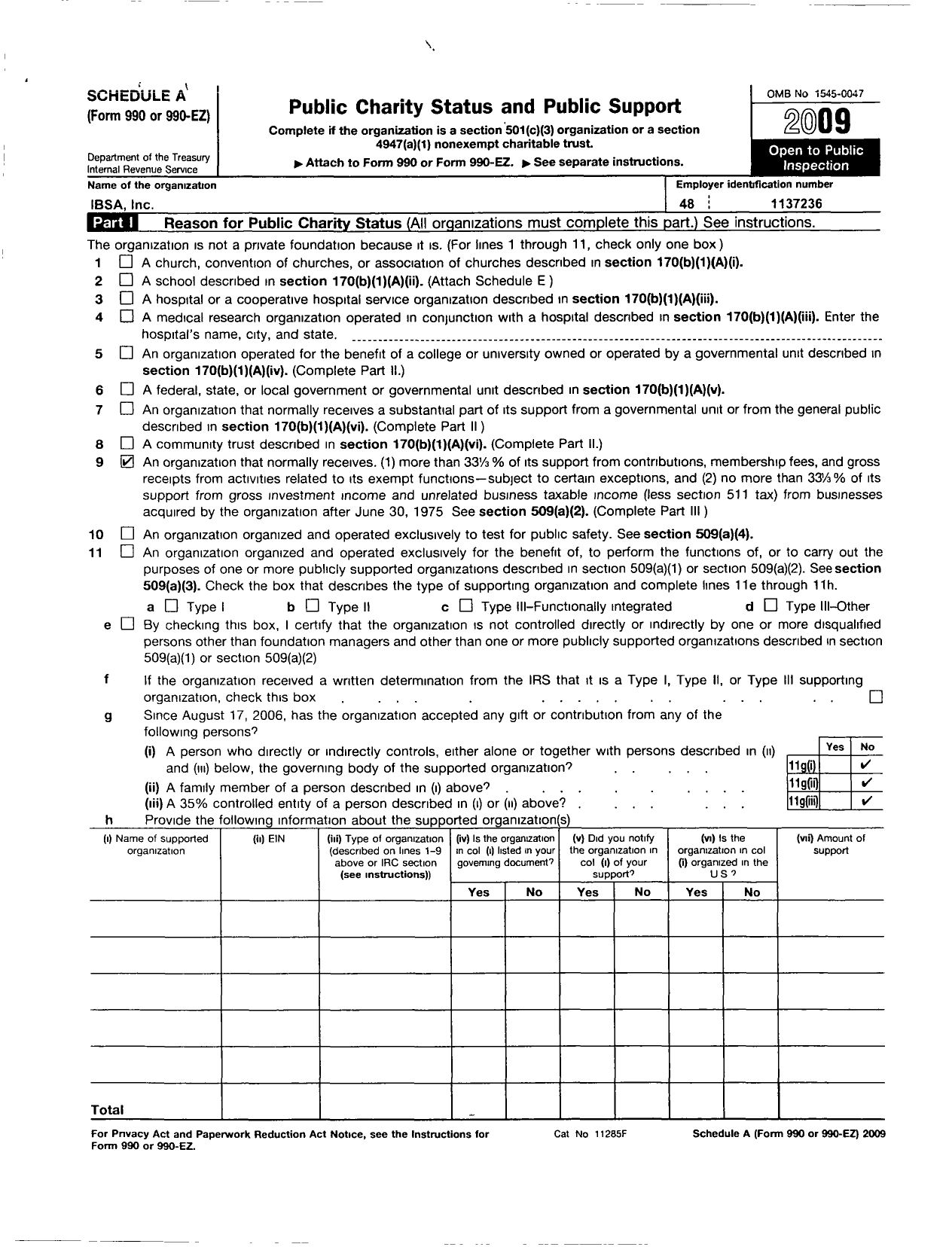 Image of first page of 2009 Form 990ER for Ibsa