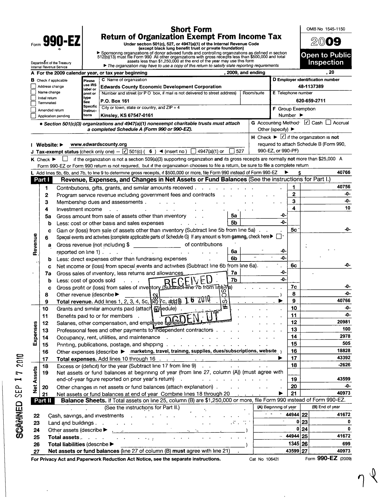 Image of first page of 2009 Form 990O for Edwards County Economic Development