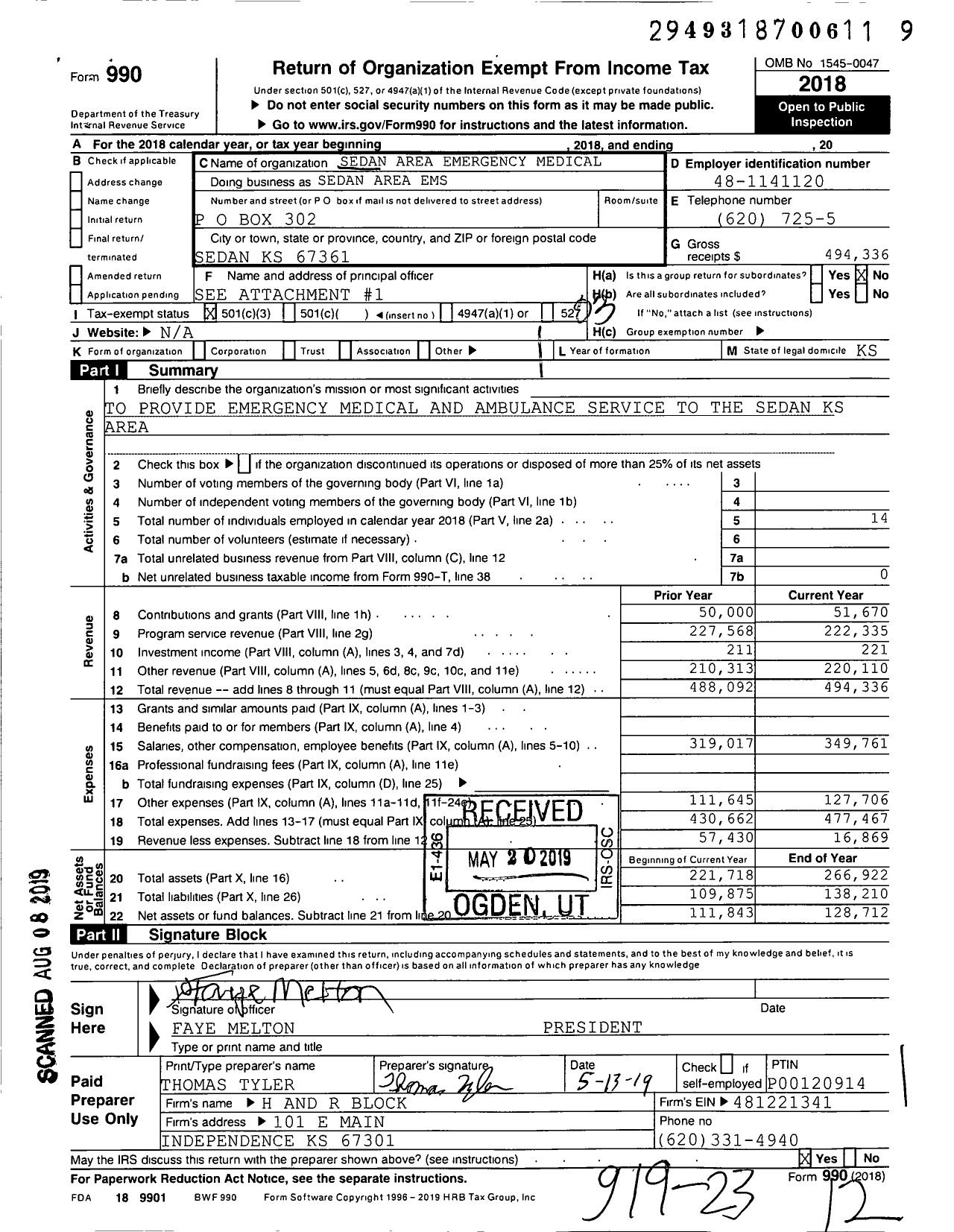 Image of first page of 2018 Form 990 for Sedan Area Emergency Medical Sedan Area Ems