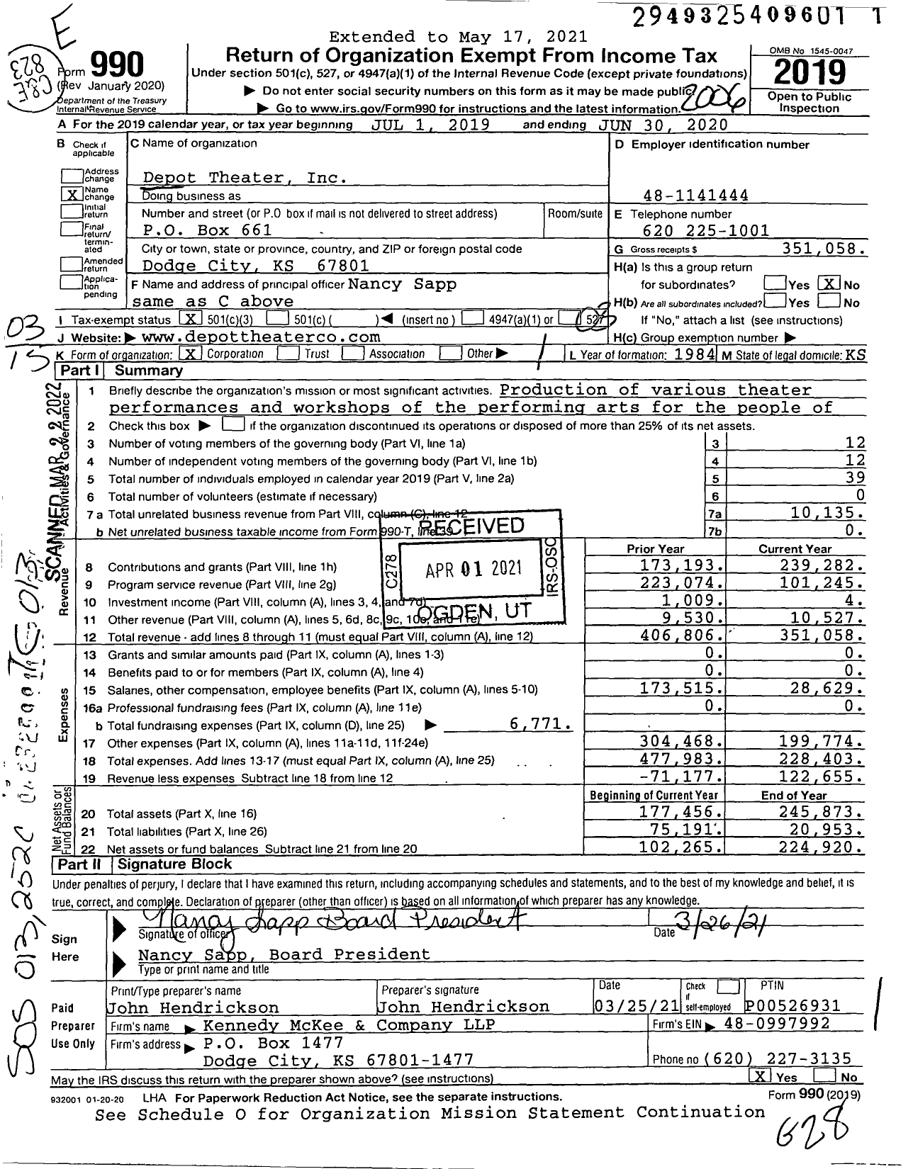 Image of first page of 2019 Form 990 for Depot Theater Company