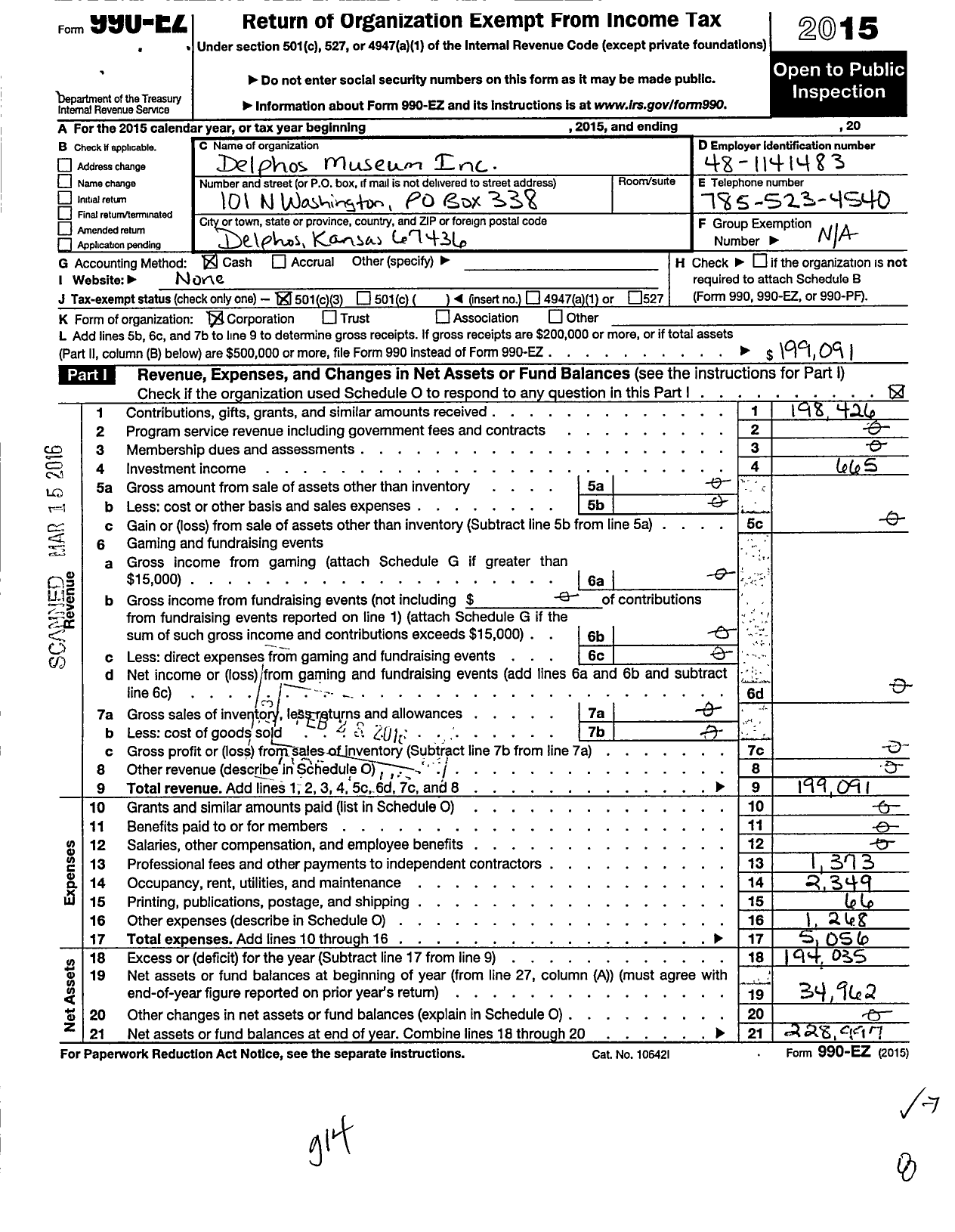 Image of first page of 2015 Form 990EZ for Delphos Museum