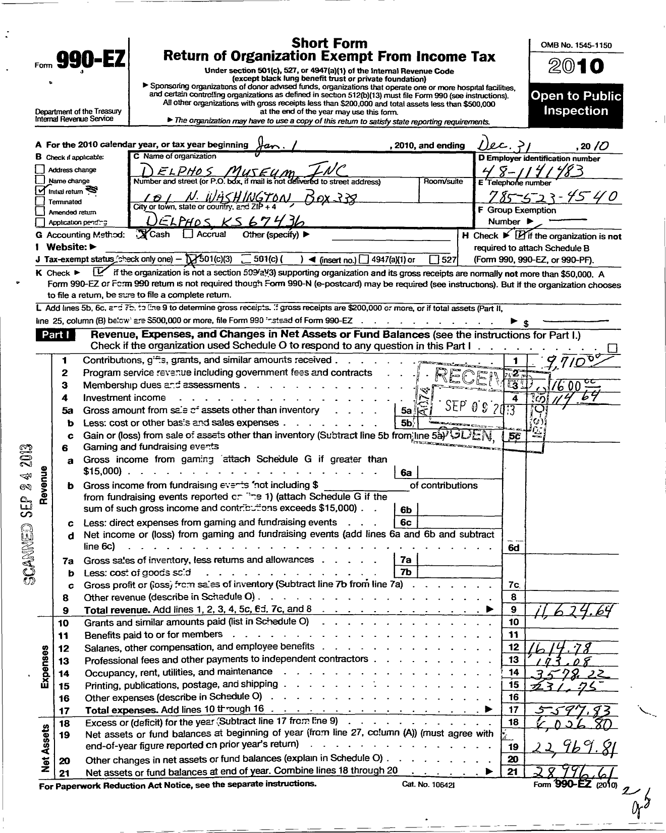 Image of first page of 2010 Form 990EZ for Delphos Museum