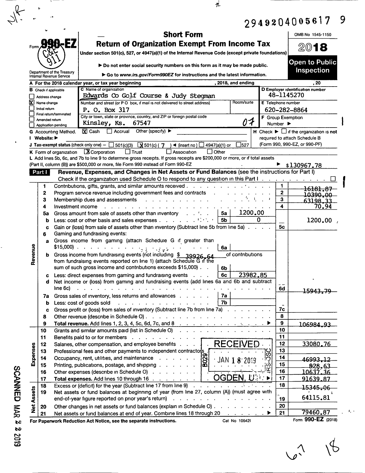 Image of first page of 2018 Form 990EO for Edwards County Golf Course