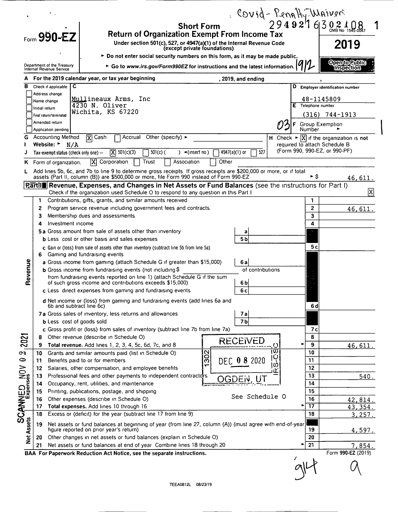 Image of first page of 2019 Form 990EZ for Mullineaux Arms