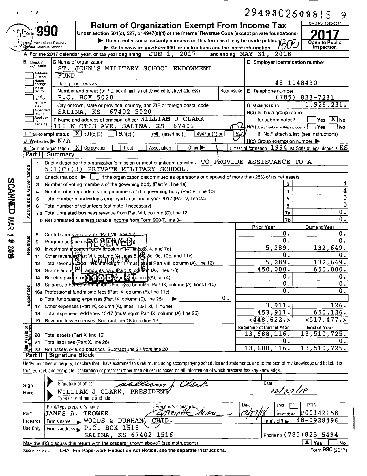 Image of first page of 2017 Form 990 for St John's Military School Endowment Fund