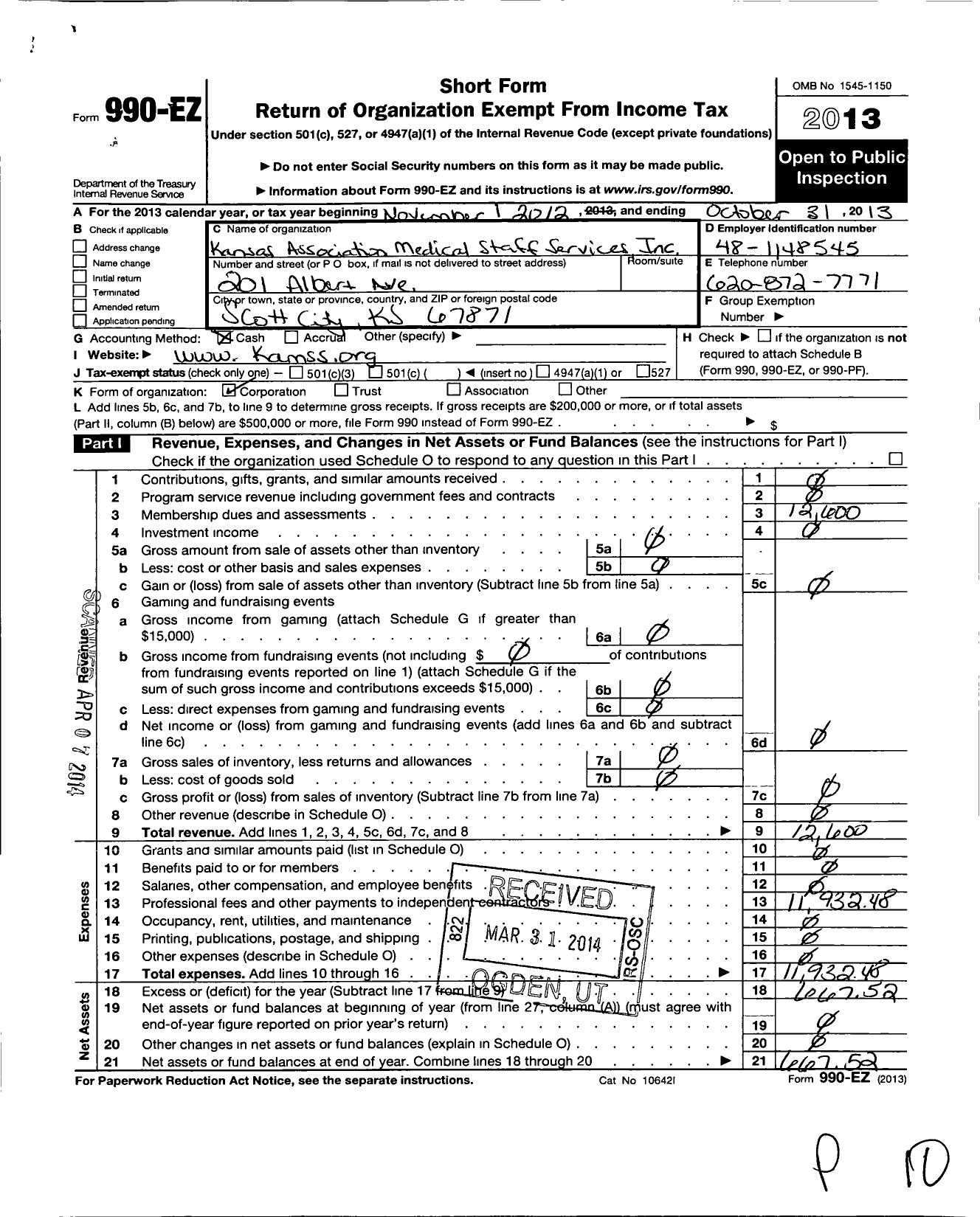 Image of first page of 2012 Form 990EO for Kansas Association Medical Staff