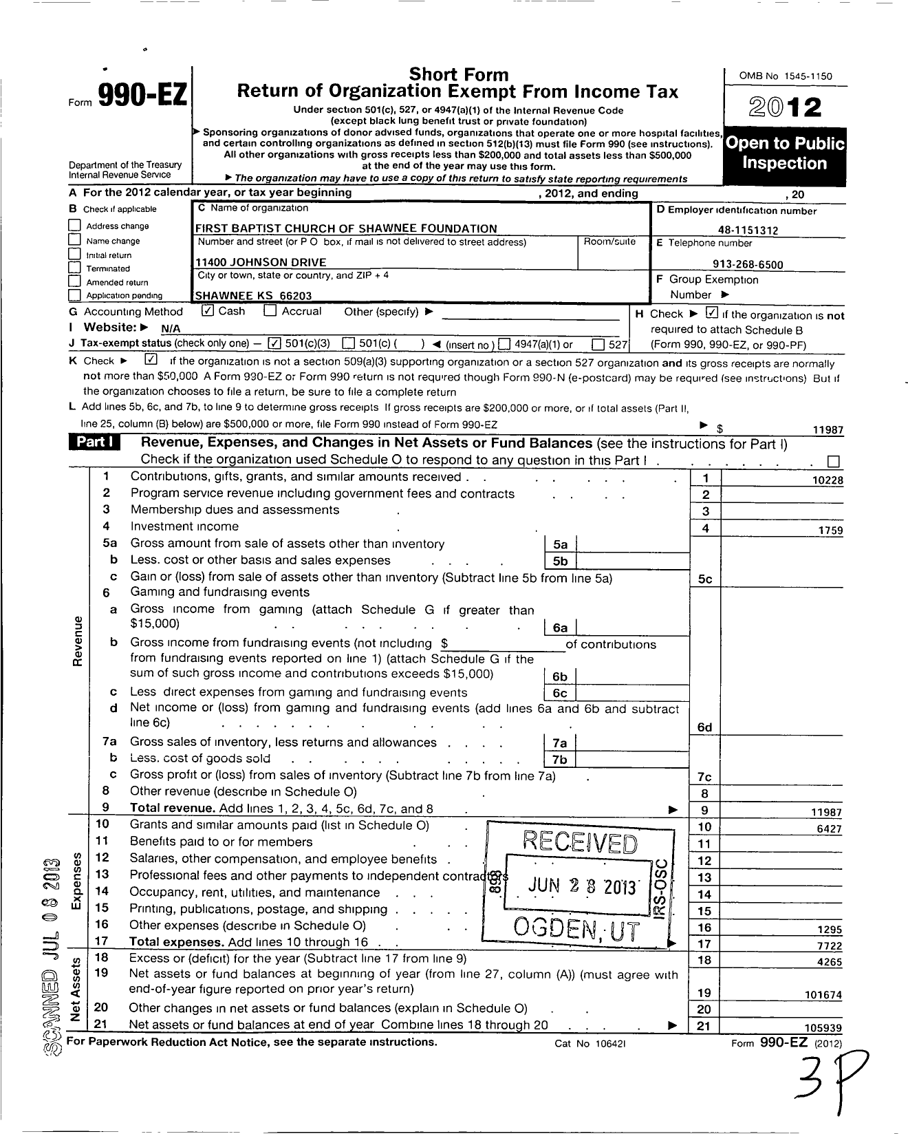 Image of first page of 2012 Form 990EZ for First Baptist Church of Shawnee Foundation