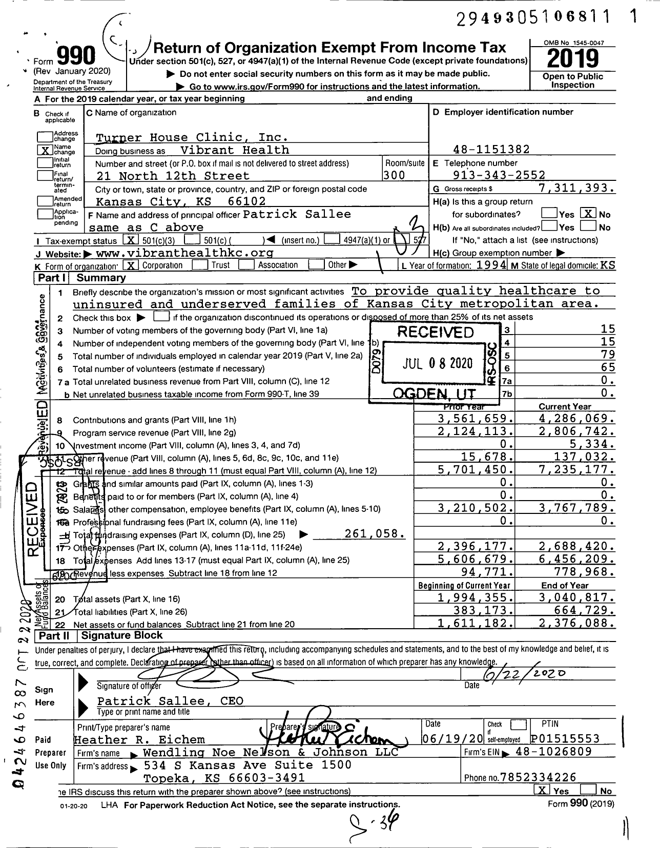 Image of first page of 2019 Form 990 for Vibrant Health