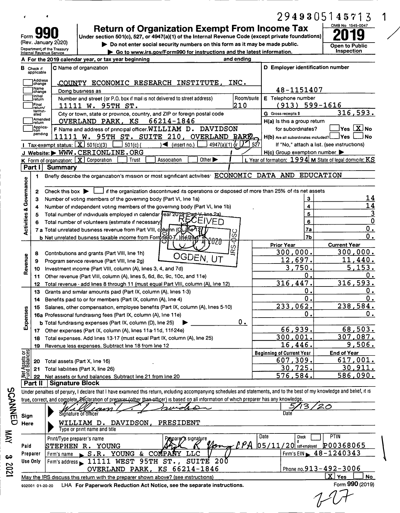 Image of first page of 2019 Form 990 for County Economic Research Institute (CERI)