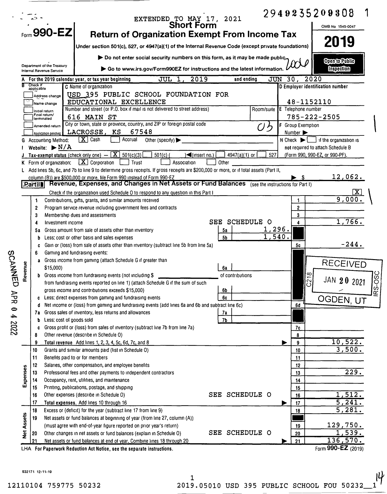 Image of first page of 2019 Form 990EZ for Usd 395 Public School Foundation for Educational Excellence