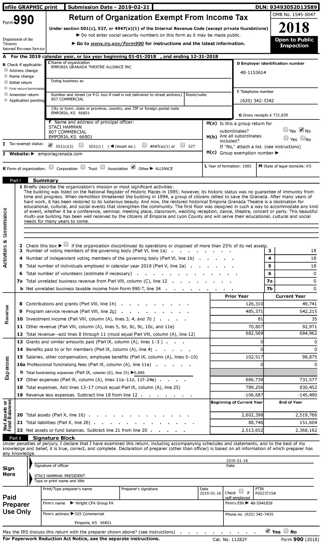 Image of first page of 2018 Form 990 for Emporia Granada Theatre Alliance