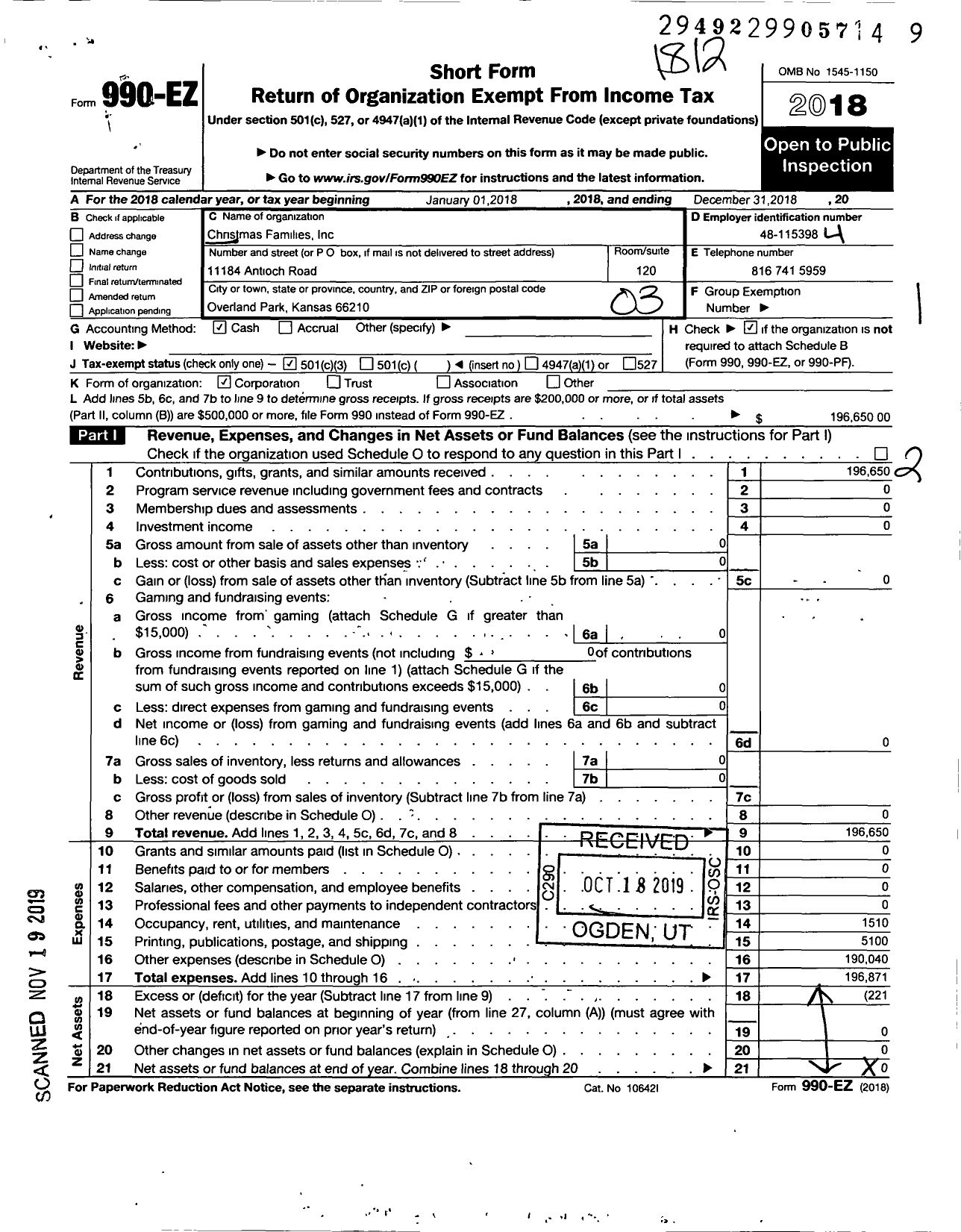 Image of first page of 2018 Form 990EZ for Christmas Families