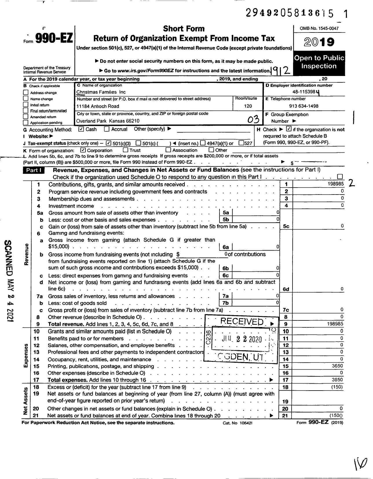 Image of first page of 2019 Form 990EZ for Christmas Families