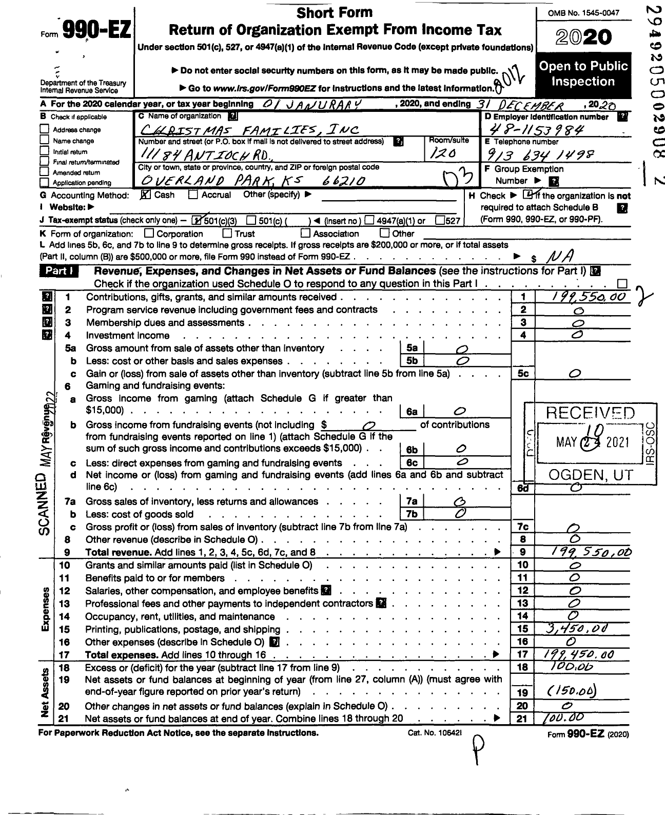 Image of first page of 2020 Form 990EZ for Christmas Families