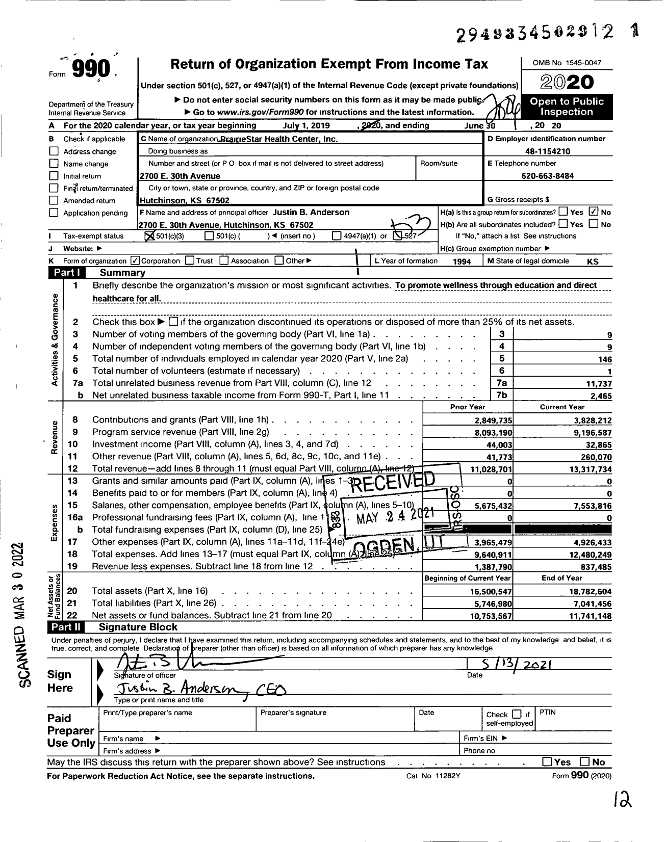 Image of first page of 2019 Form 990 for PrairieStar Health Center