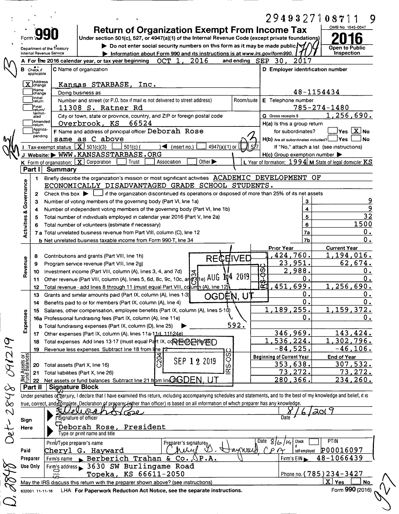 Image of first page of 2016 Form 990 for Kansas Starbase