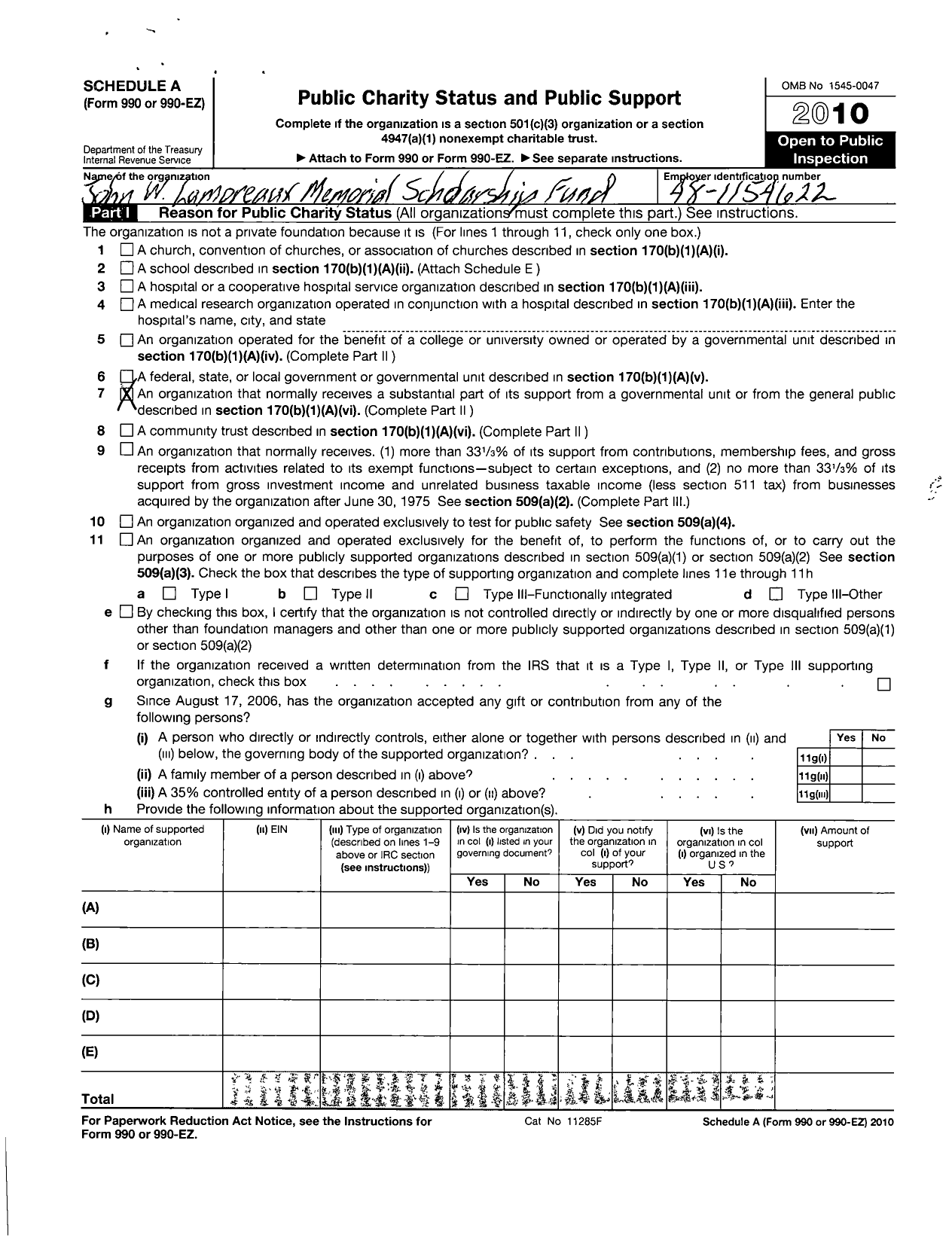 Image of first page of 2010 Form 990ER for John W Lamoreaux Memorial Scholarship Fund