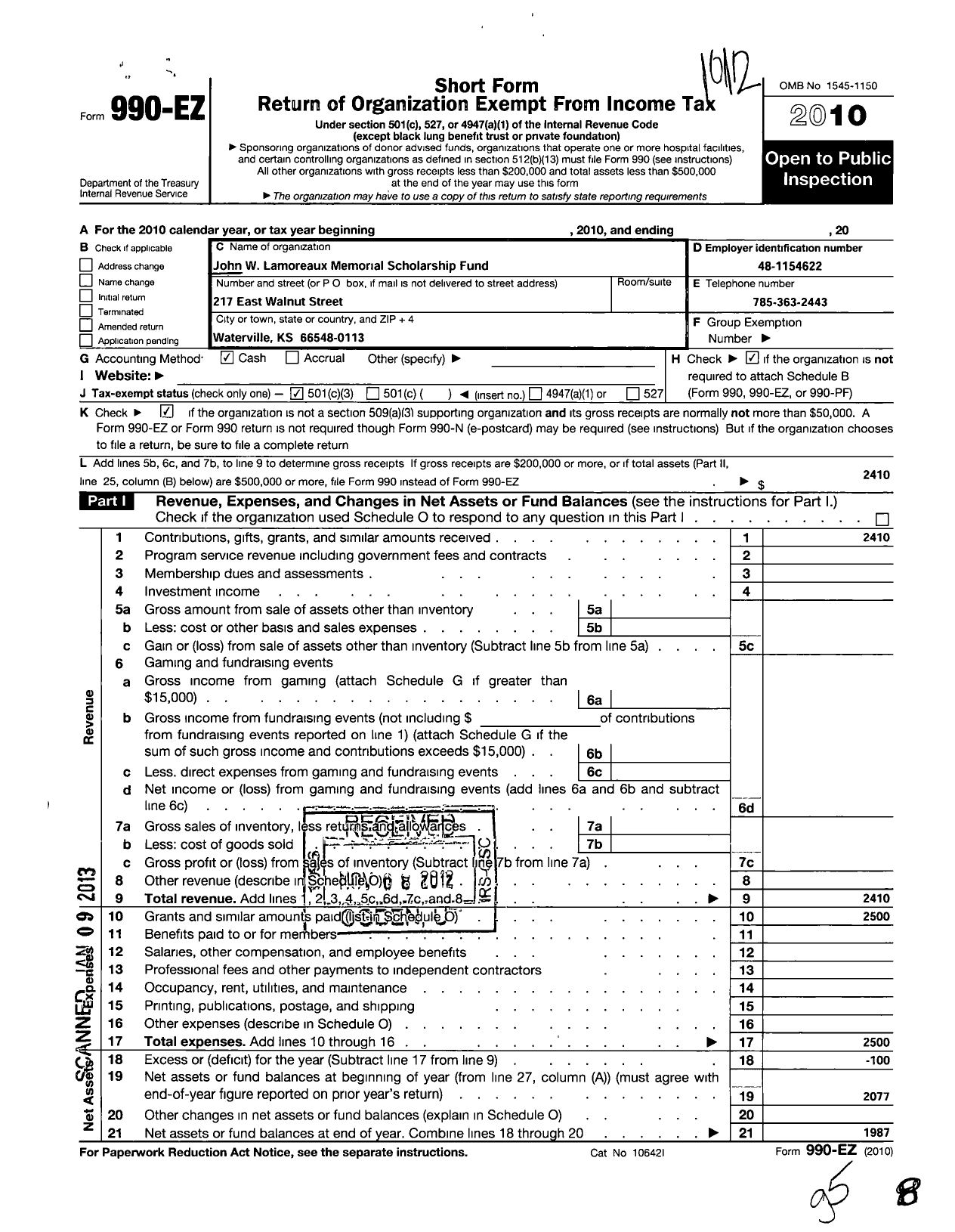 Image of first page of 2010 Form 990EZ for John W Lamoreaux Memorial Scholarship Fund