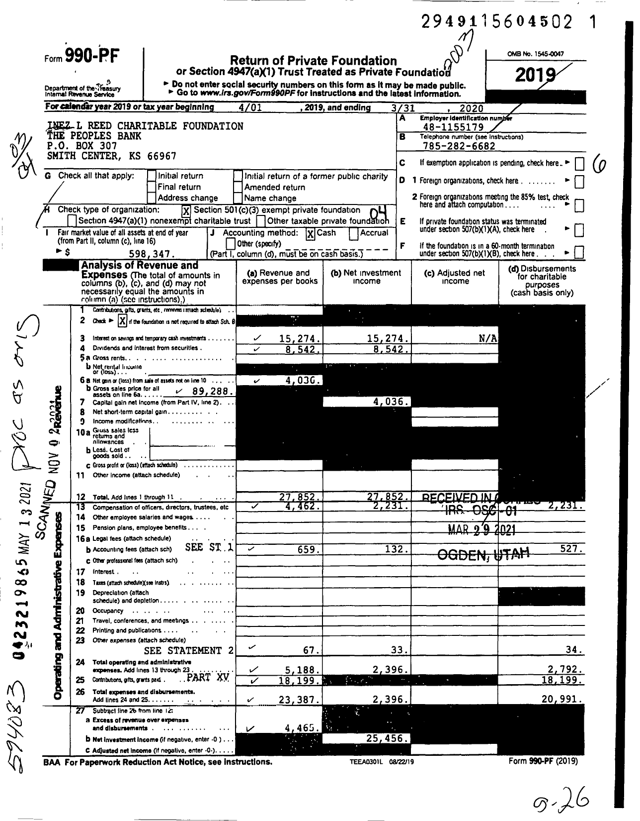 Image of first page of 2019 Form 990PF for Inez L Reed Charitable Foundation the Peoples Bank