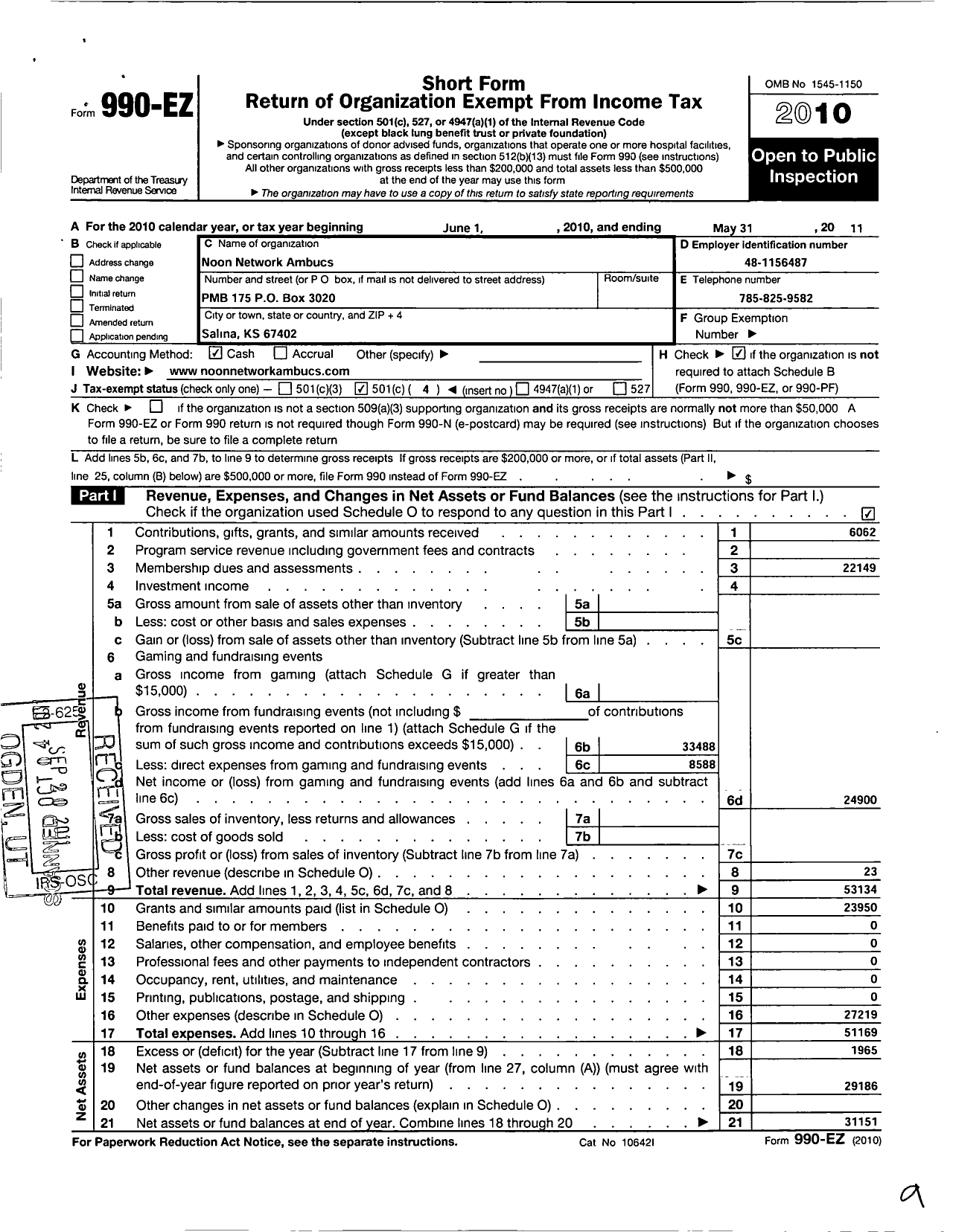 Image of first page of 2010 Form 990EO for National Ambucs / Noon Network Chapter