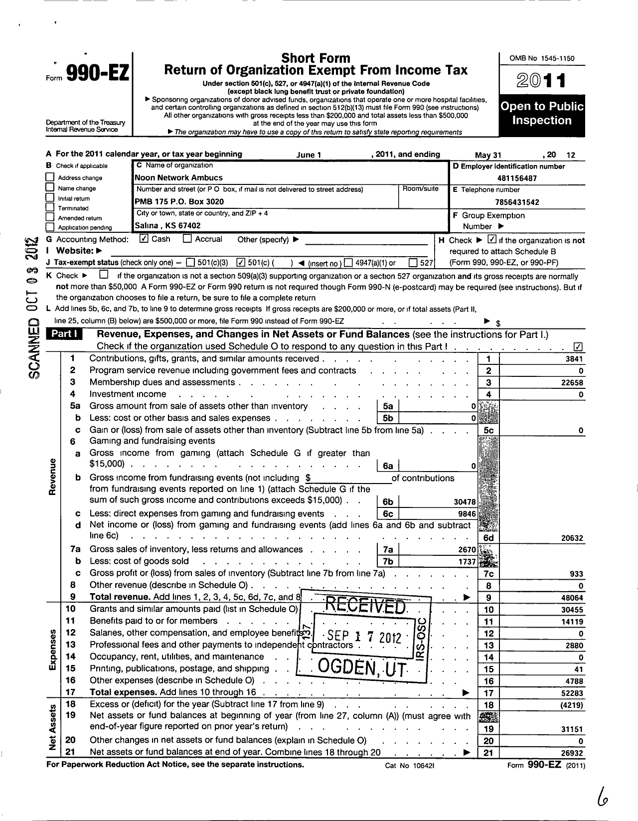 Image of first page of 2011 Form 990EO for National Ambucs / Noon Network Chapter