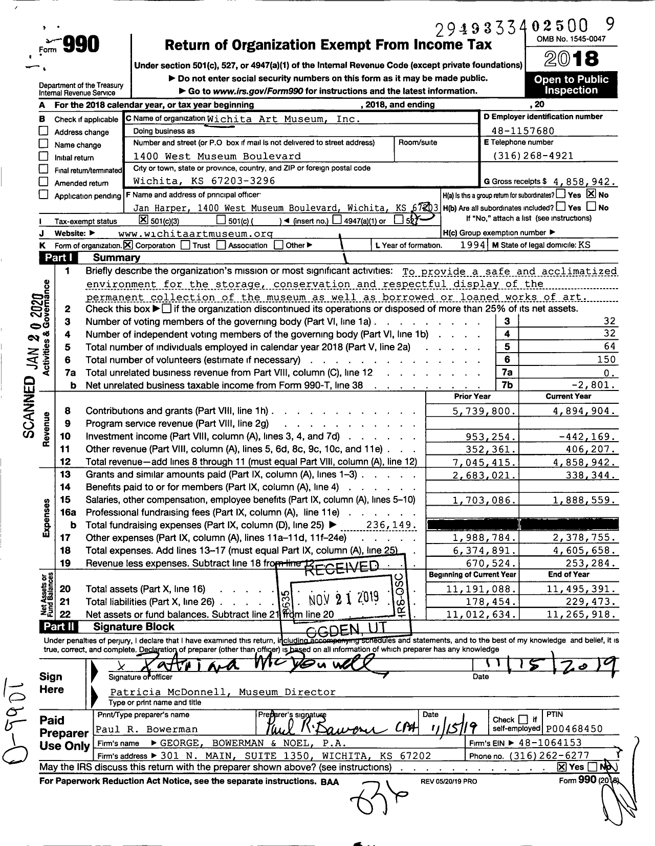 Image of first page of 2018 Form 990 for Wichita Art Museum (WAM)