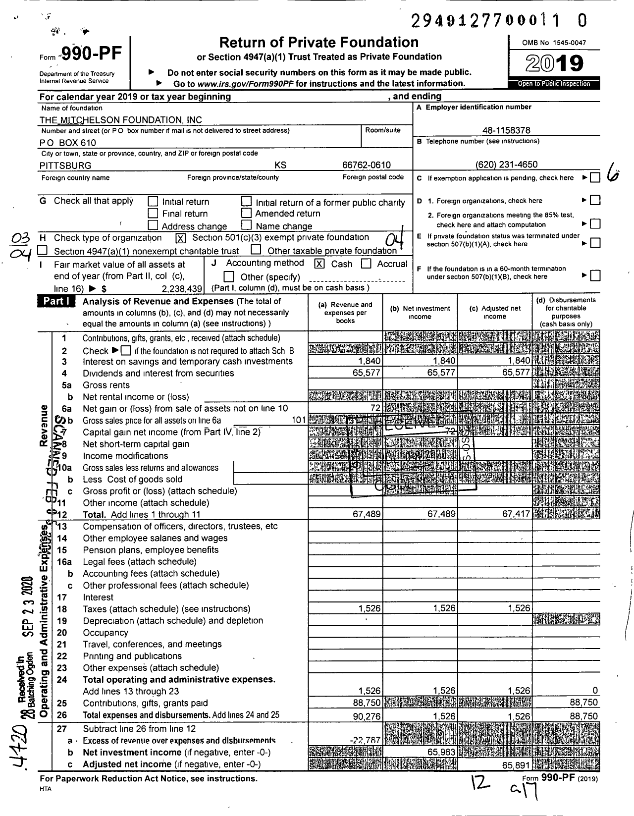 Image of first page of 2019 Form 990PF for The Mitchelson Foundation