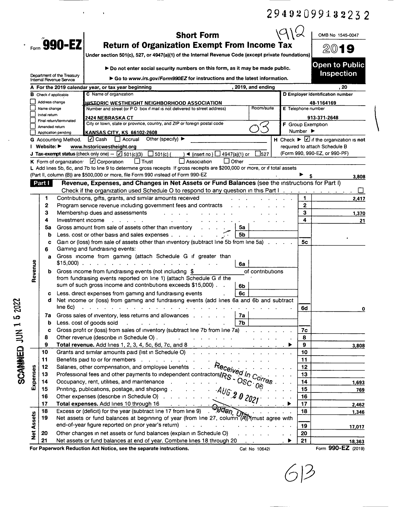 Image of first page of 2019 Form 990EZ for Historic Westheight Neighborhood Association