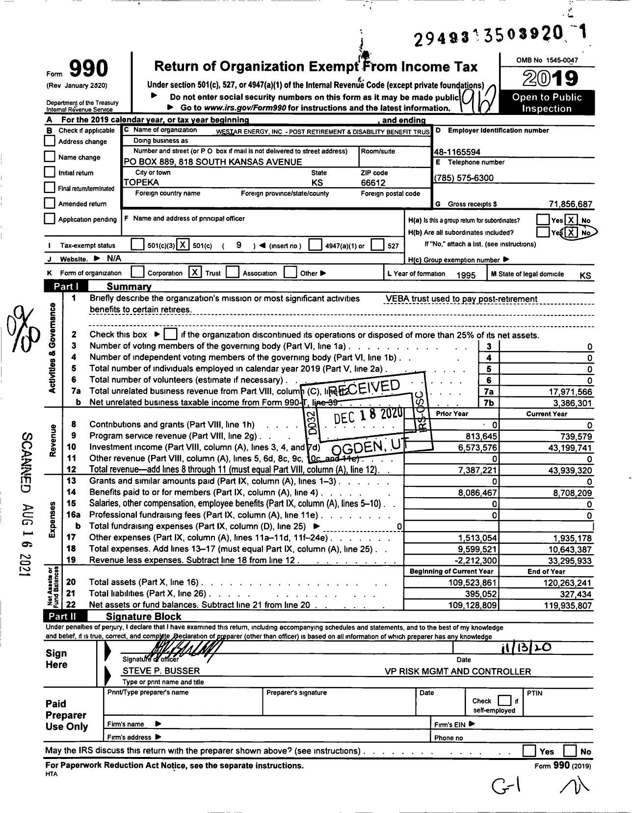 Image of first page of 2019 Form 990O for Westar Energy Inc- Post Retirement and Disability Benefit Trust