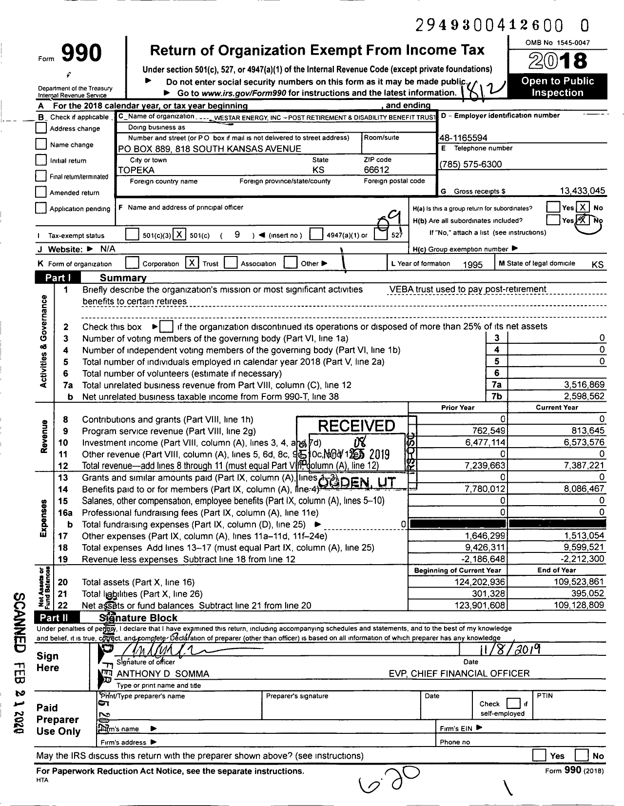 Image of first page of 2018 Form 990O for Westar Energy Inc- Post Retirement and Disability Benefit Trust