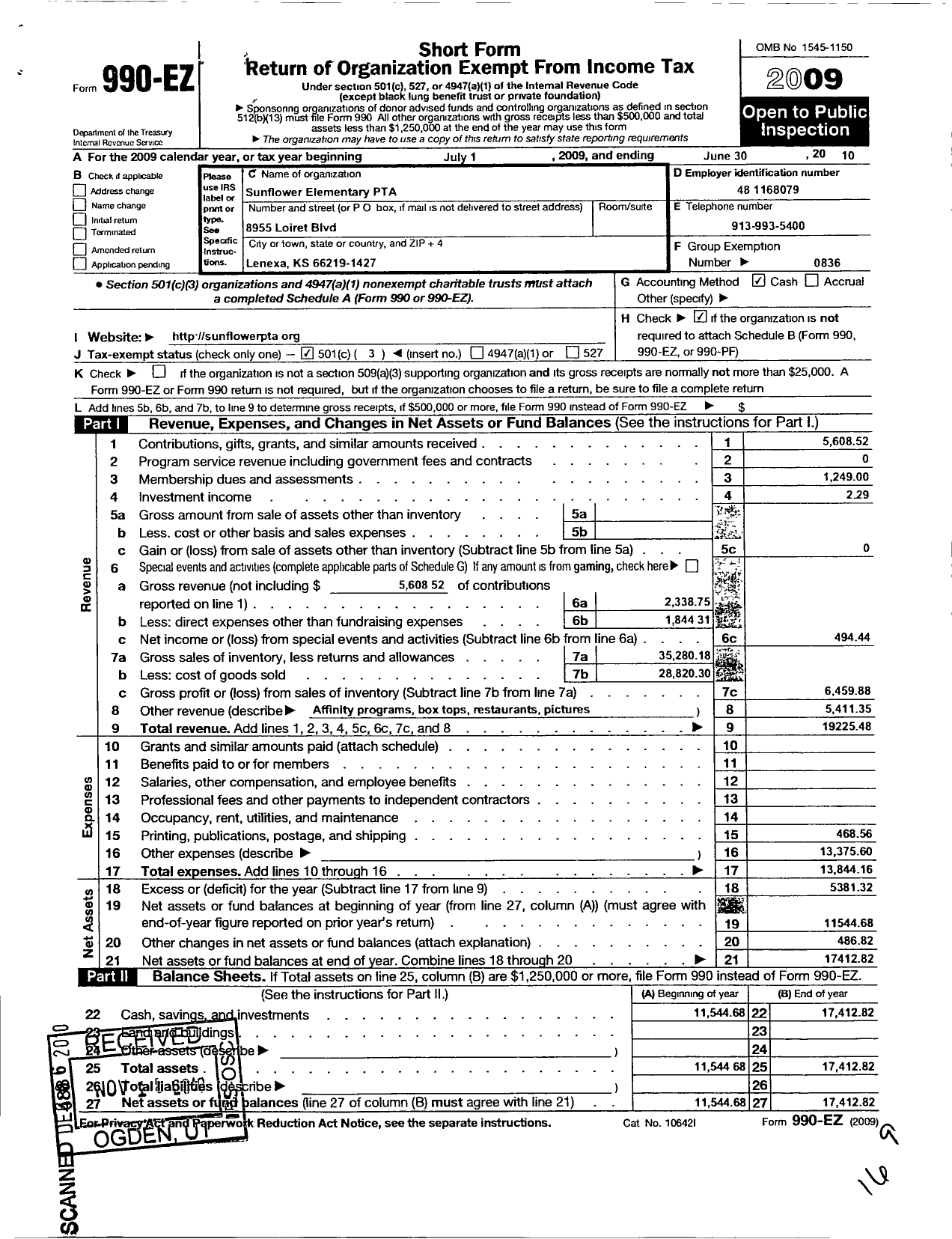 Image of first page of 2009 Form 990EZ for PTA Kansas Congress of Parents and Teachers / Sunflower PTA