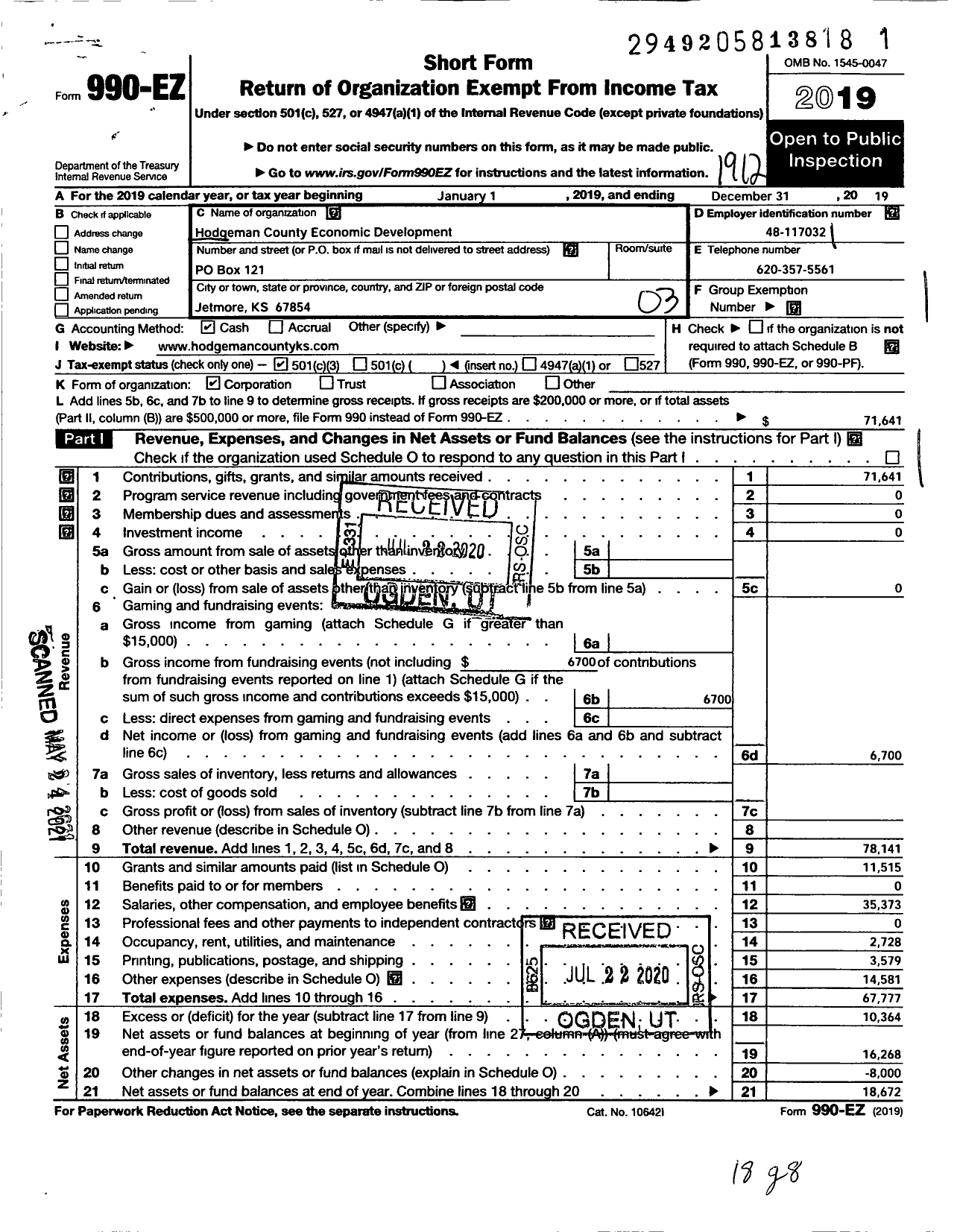 Image of first page of 2019 Form 990EZ for Hodgeman County Economic Development