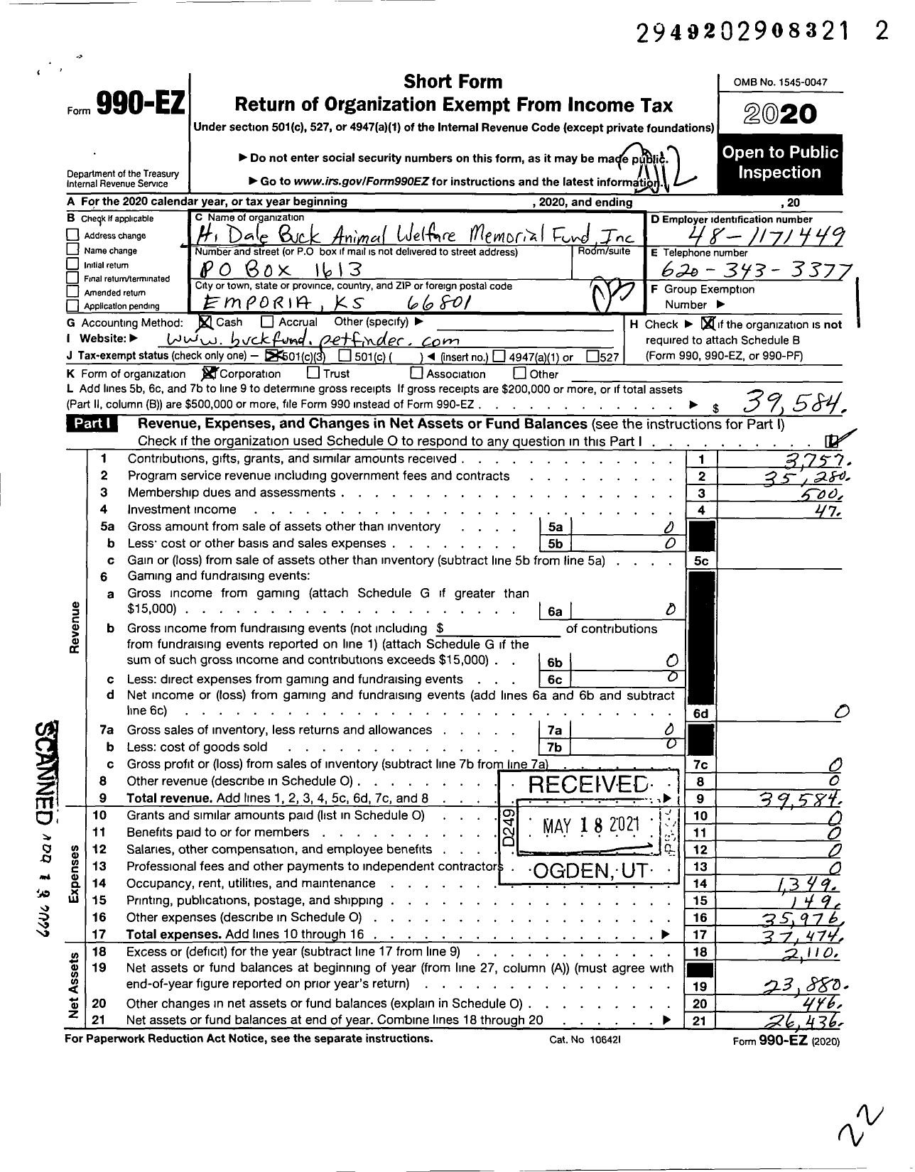 Image of first page of 2020 Form 990EZ for H Dale Buck Animal Welfare Memorial Fund