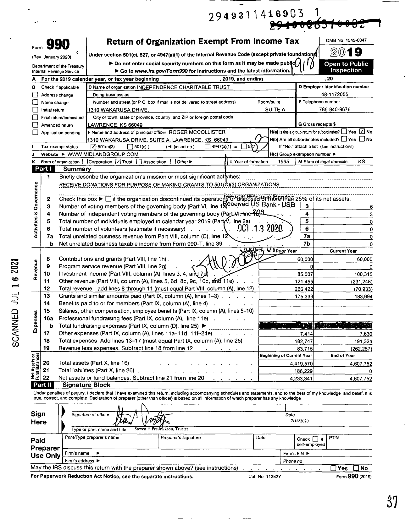 Image of first page of 2019 Form 990 for Independence Charitable Trust