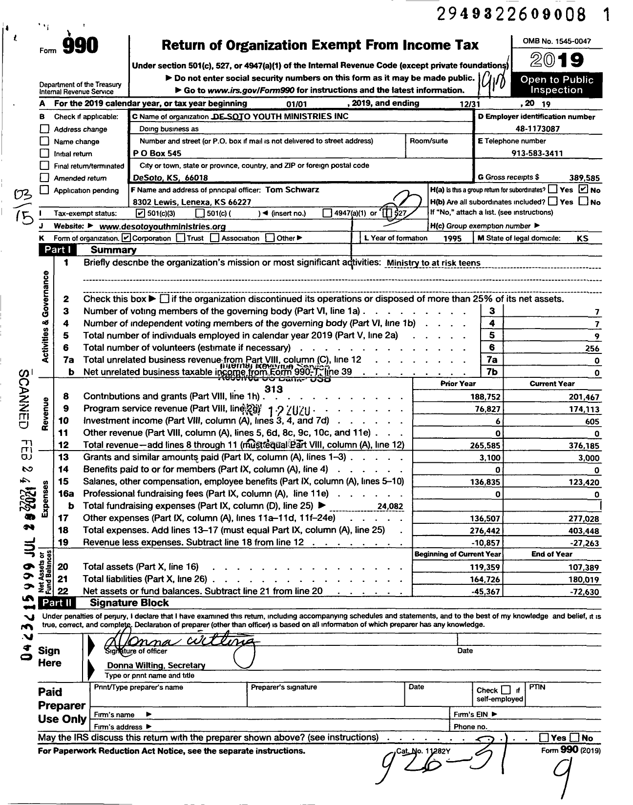 Image of first page of 2019 Form 990 for Desoto Youth Ministries