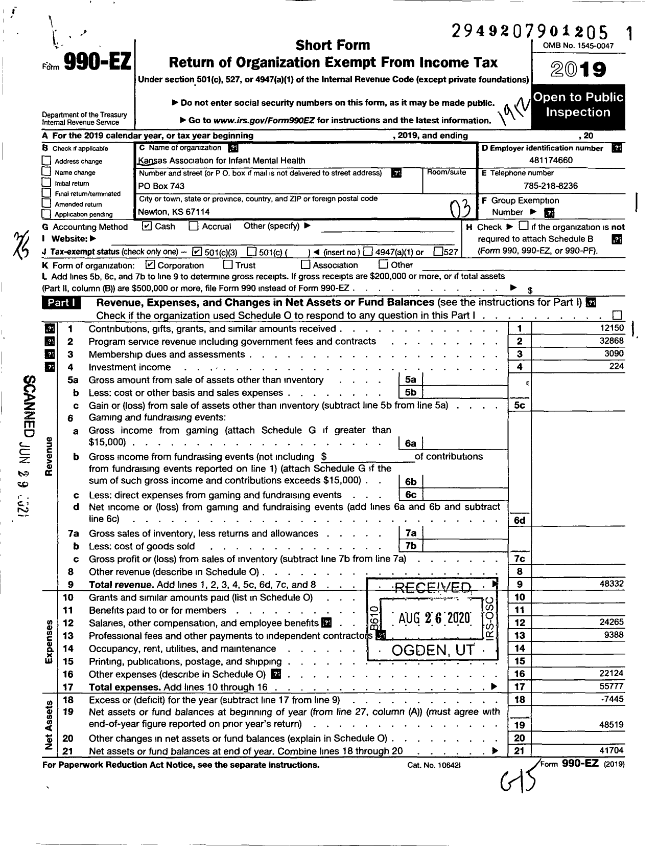 Image of first page of 2019 Form 990EZ for Kansas Association for Infant Mental Health