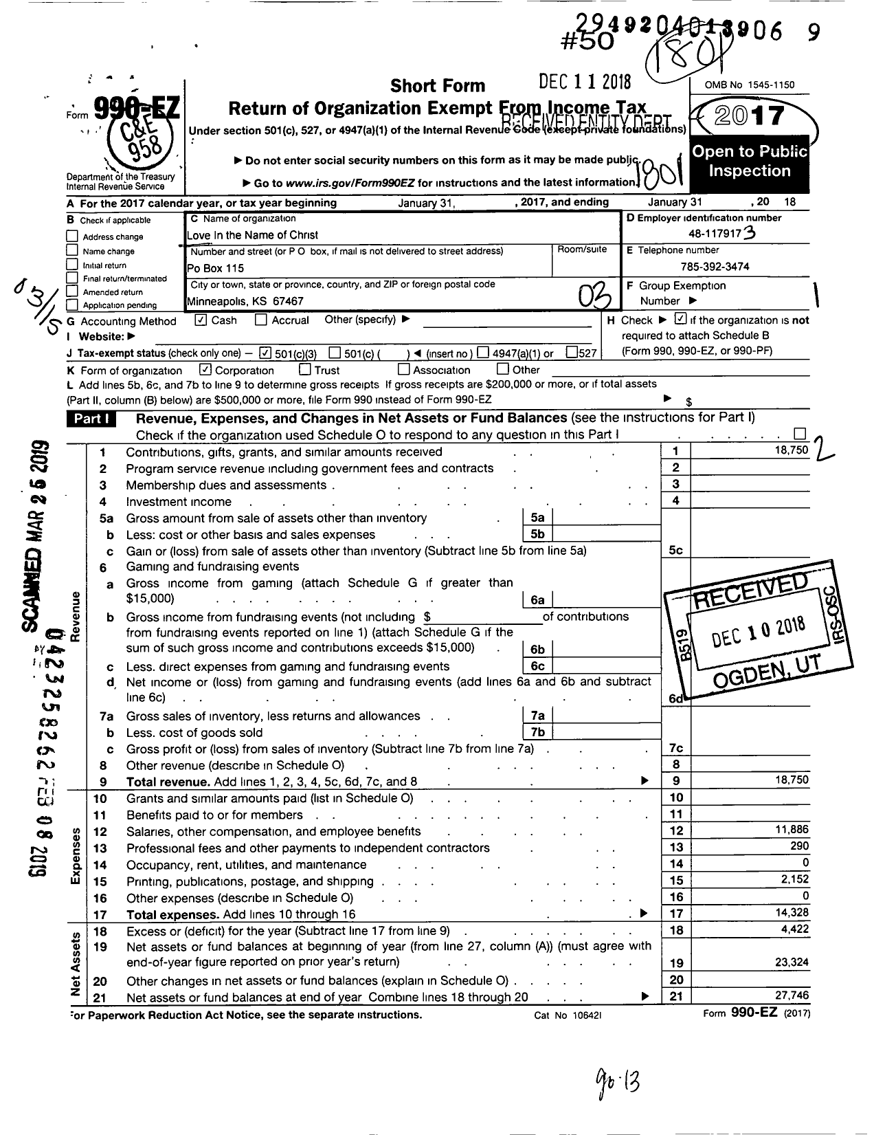 Image of first page of 2017 Form 990EZ for Love in Action of Ottawa County