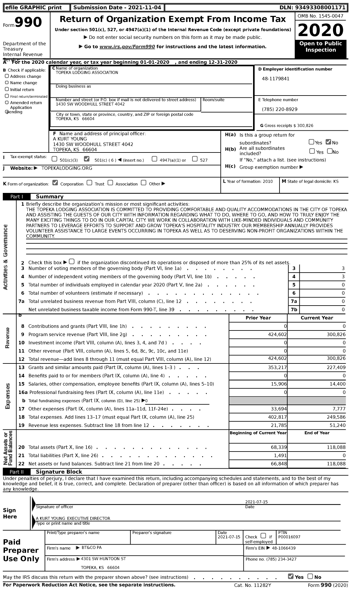 Image of first page of 2020 Form 990 for Topeka Lodging Association