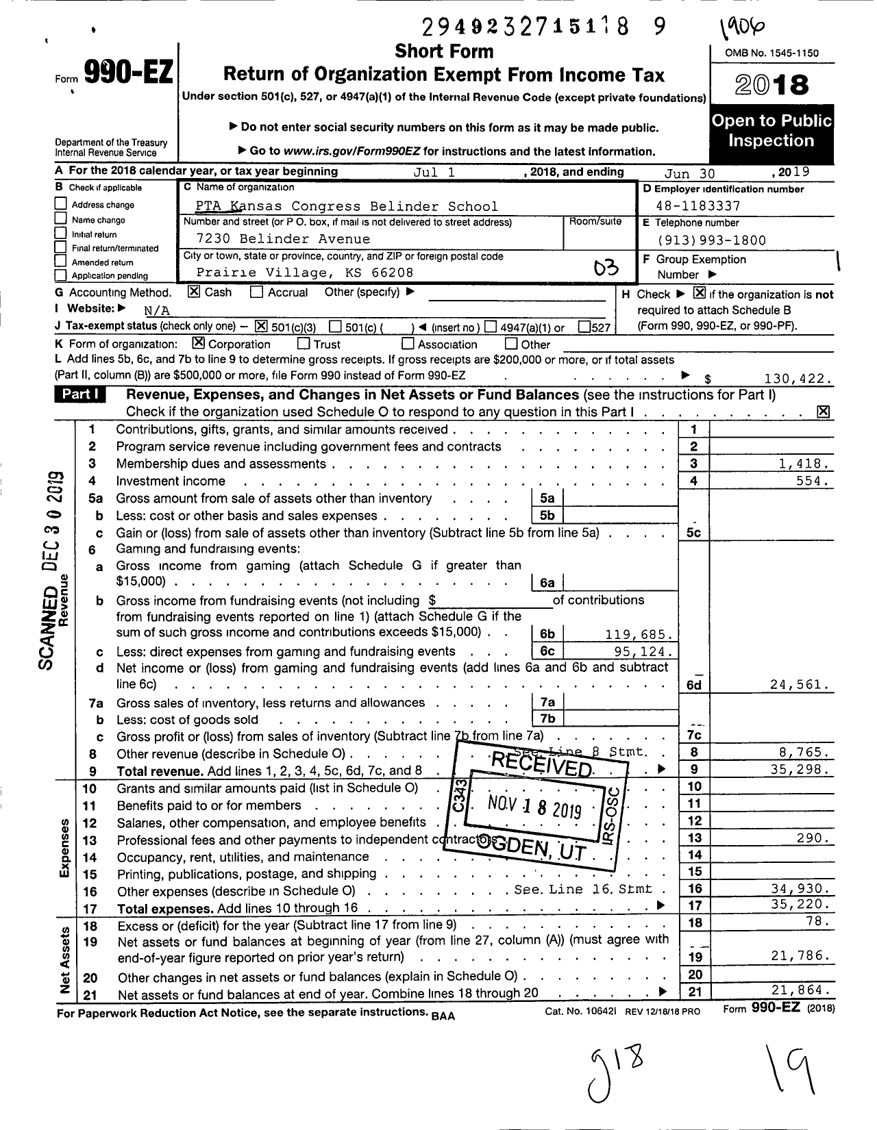 Image of first page of 2018 Form 990EZ for PTA Kansas Congress Belinder School